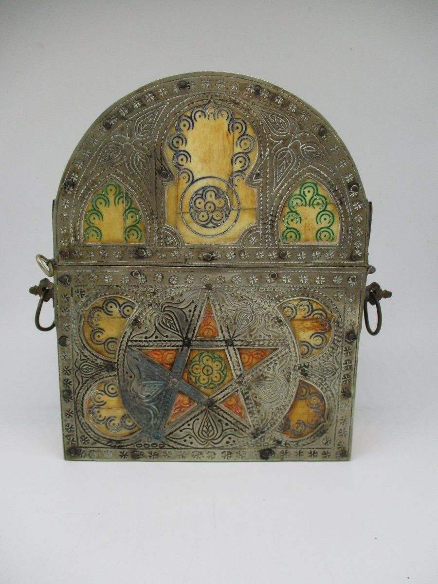Antique 19th Century Moroccan Camel Bone Brass Berber Book Container Travel Case