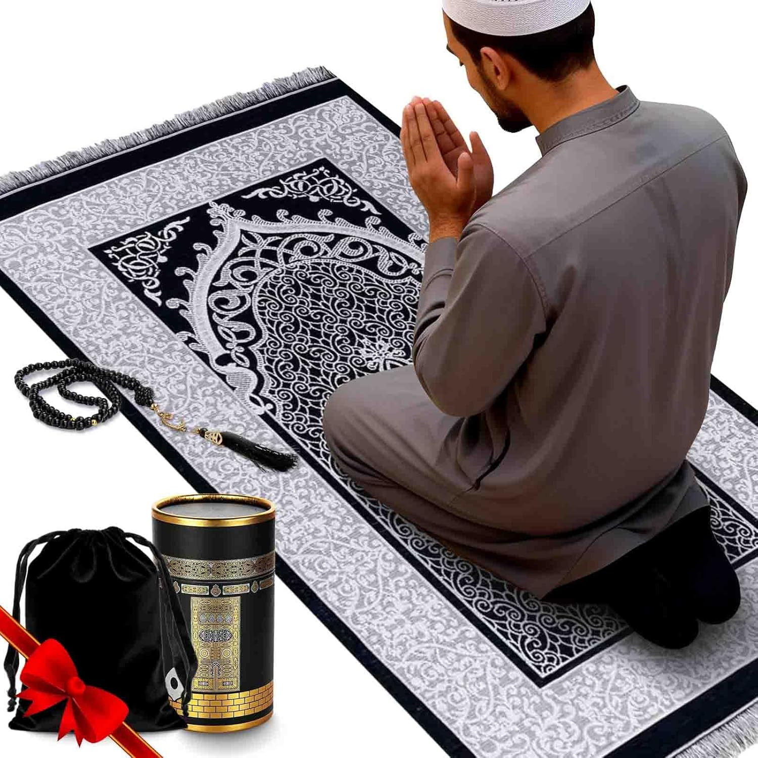Muslim Prayer Rug and Prayer Beads with Gift Box, Soft Islamic Prayer Mat, Islam