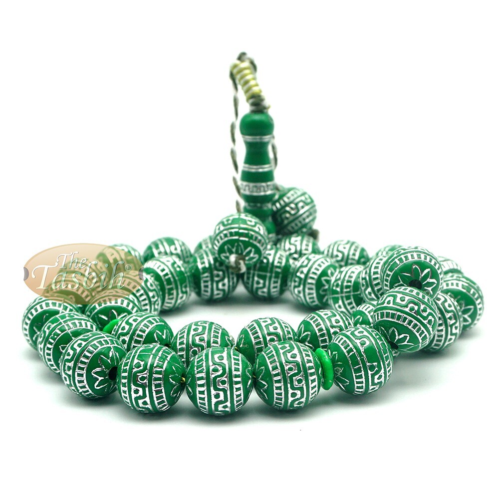 Large Plastic Sibha 13mm Bright Green Meandros Design Muslim Tasbih Prayer Beads