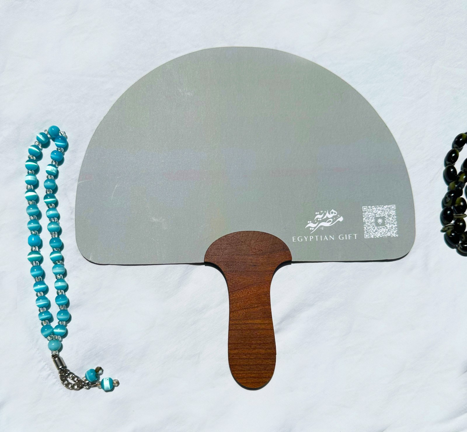 2 Hedeya Masreya Signed Egyptian Art Fans + Wooden & Blue Glass Prayer Beads