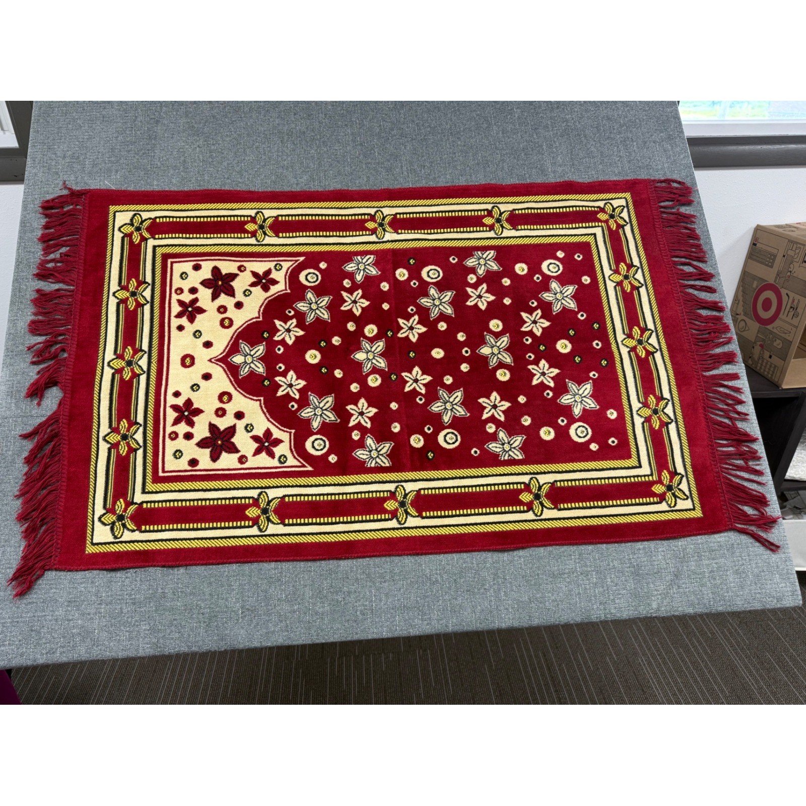 Sofi Prayer Rug Sajada Red Floral Mihrab Design Woven Fringed Mat Made in Turkey