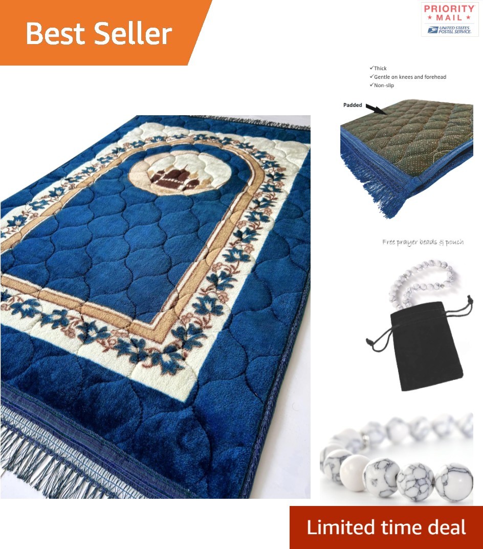 Luxury Cotton Blend Prayer Rug 120 cm x 80 cm Very Thick Soft Islamic Mat R_Blue