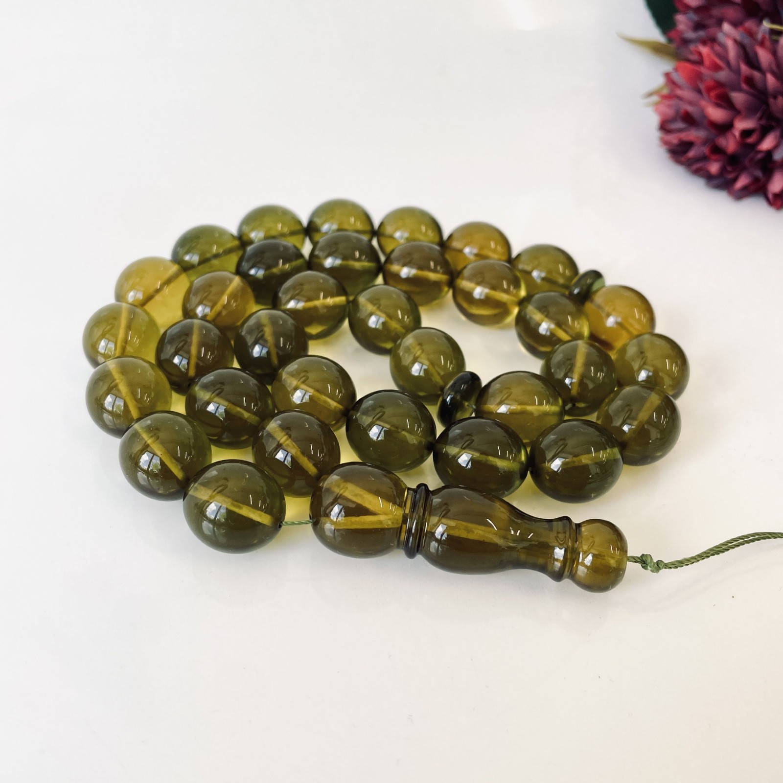 Green Islamic Prayer Beads, Olive Amber Muslim Beads
