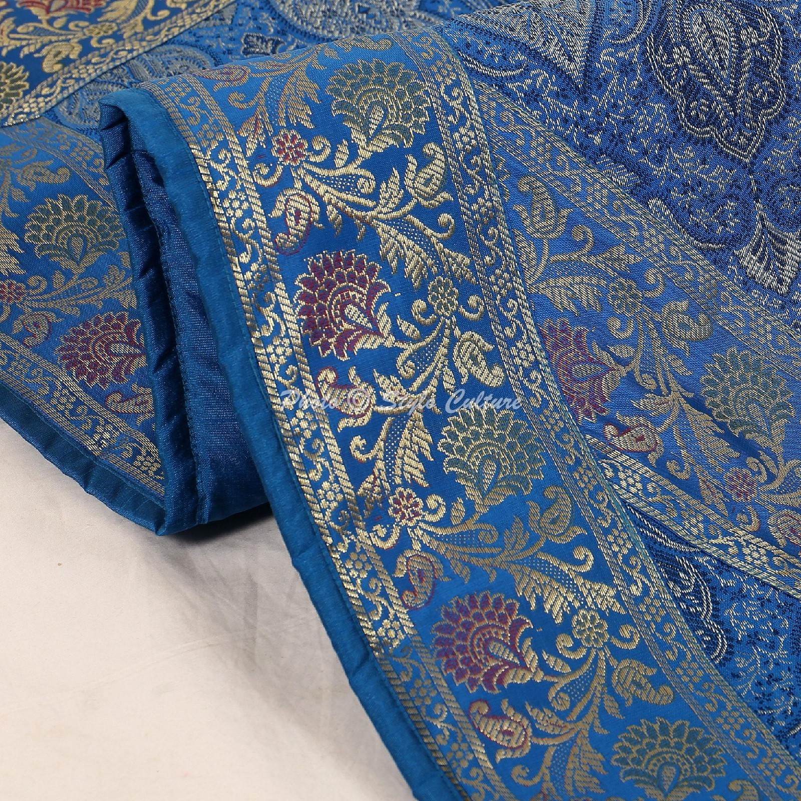 Prayer Mat Janamaz Islamic Blue Golden Lace Sajda Rug Eid Brocade Jacquard