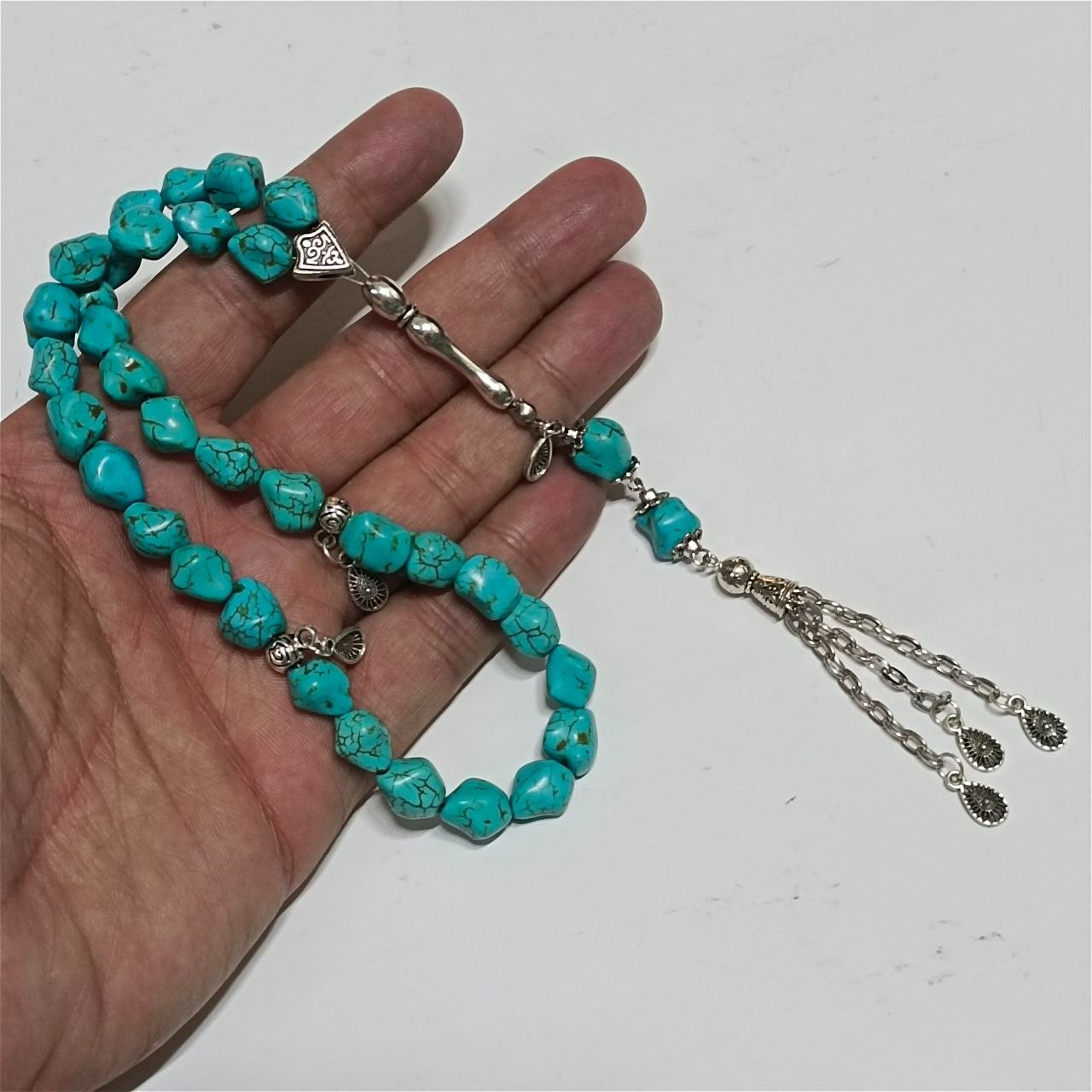 Simulated Turquoise Prayer Beads Misbaha Silver Tone Handmade Islamic Gift Charm