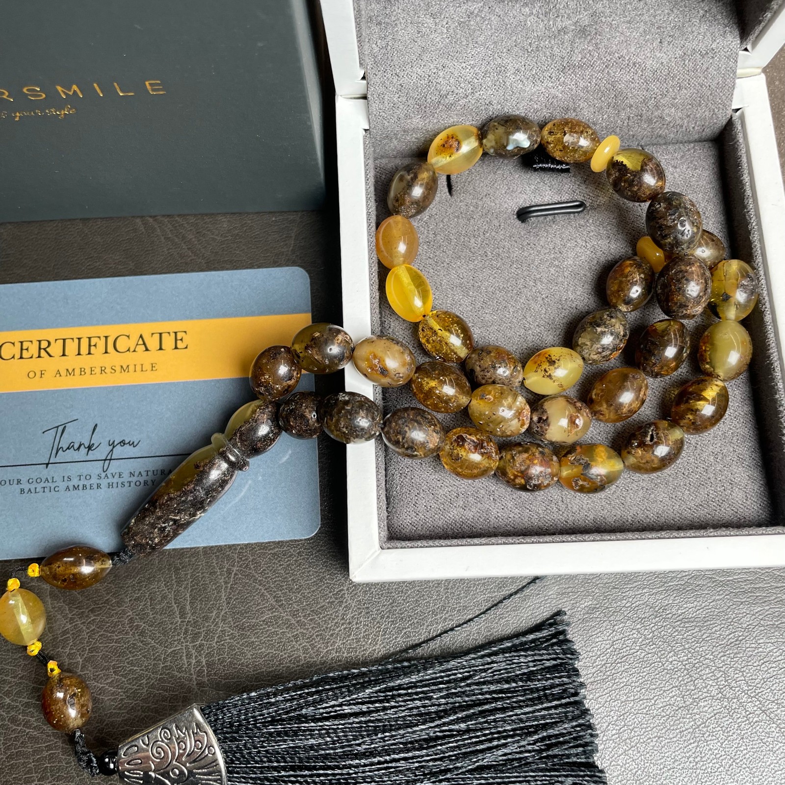Black&Lemon Amber Misbaha Islamic Prayer Beads 9x11mm 22.1g