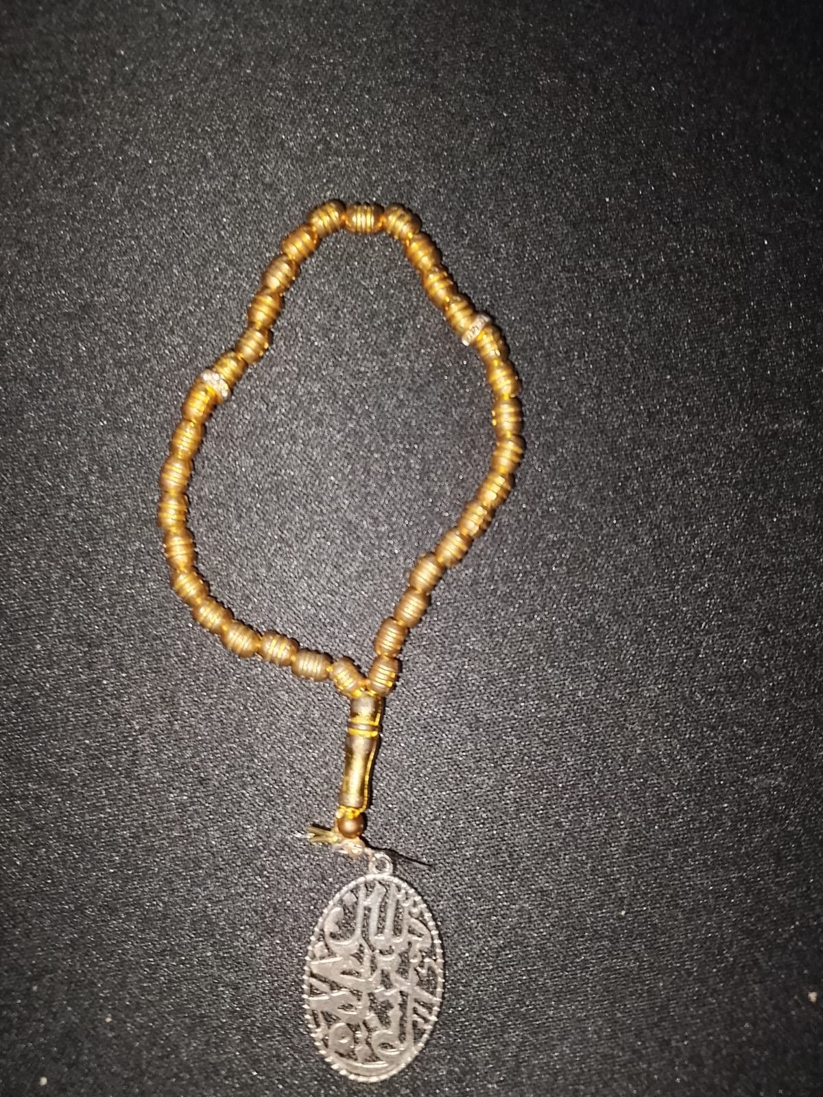 Gold Tone Islamic Tasbih Bracelet with Arabic Calligraphy Pendant – Elastic Stre