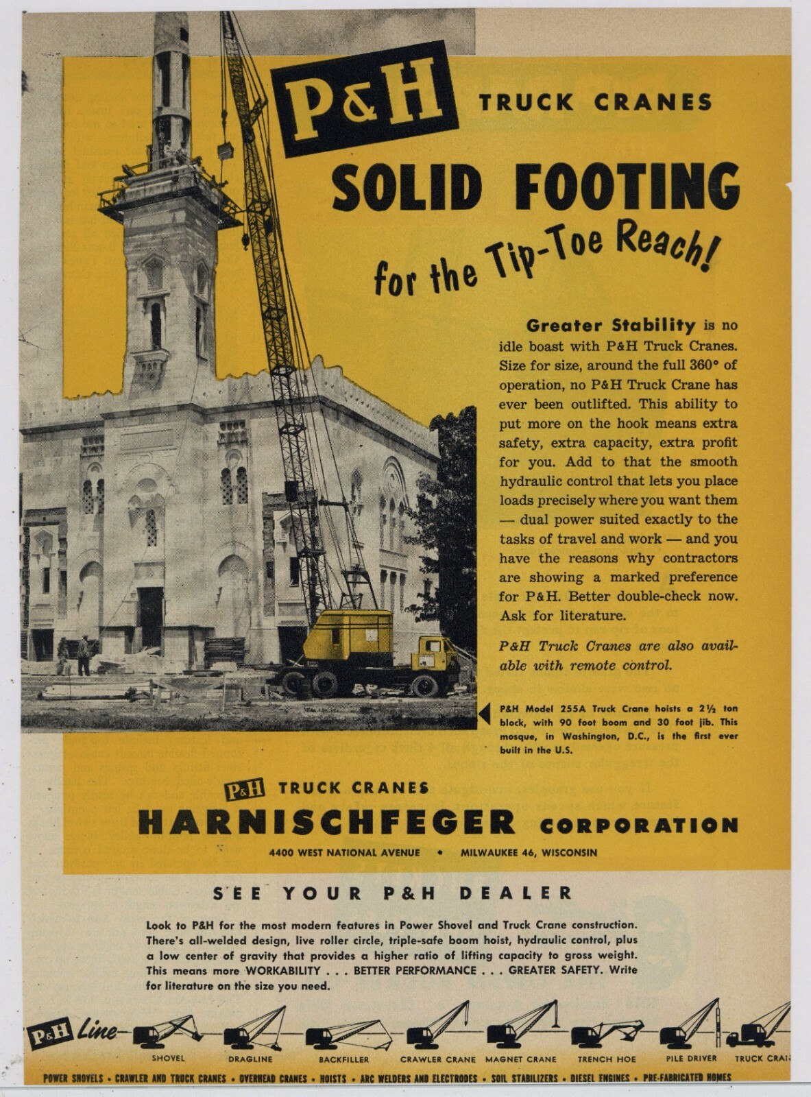 1952 Harnischfeger Truck Crane Ad: 1st Mosque in America – Washington DC Picture