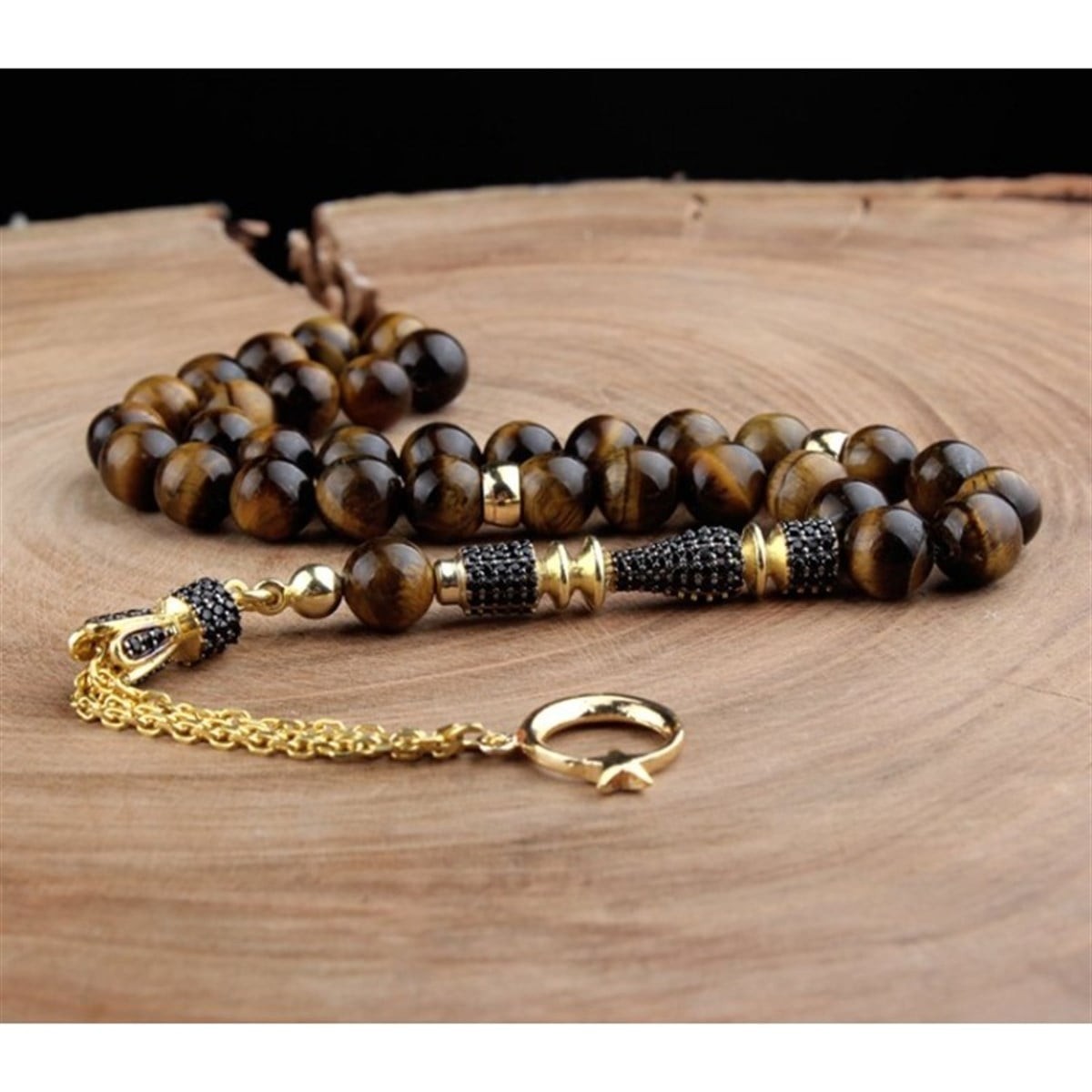 Tiger Eye Stone Tesbih 33 Prayer Beads Gold Plated 925 Silver Tassel Crescent