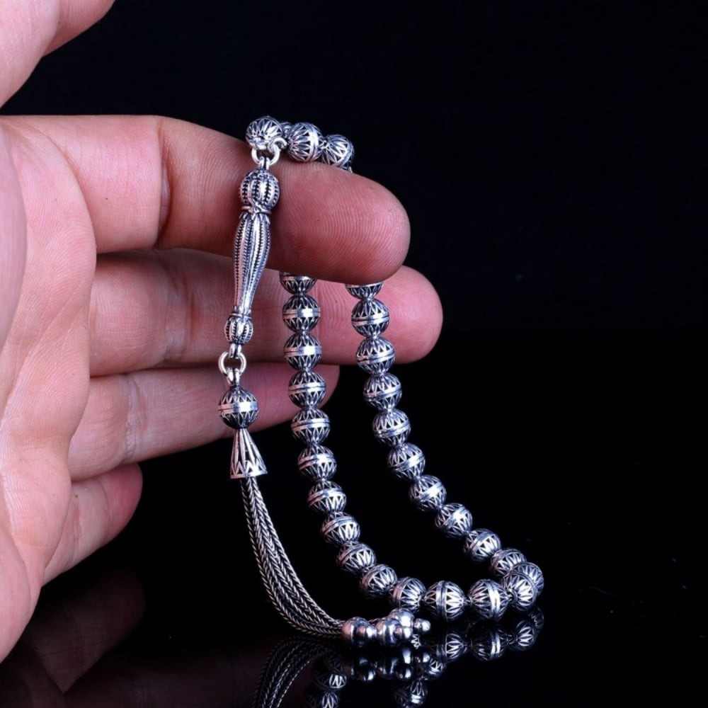 Handmade 925 Sterling Silver Spherical Cut Fusion Pattern Rosary Tesbih 24.5g
