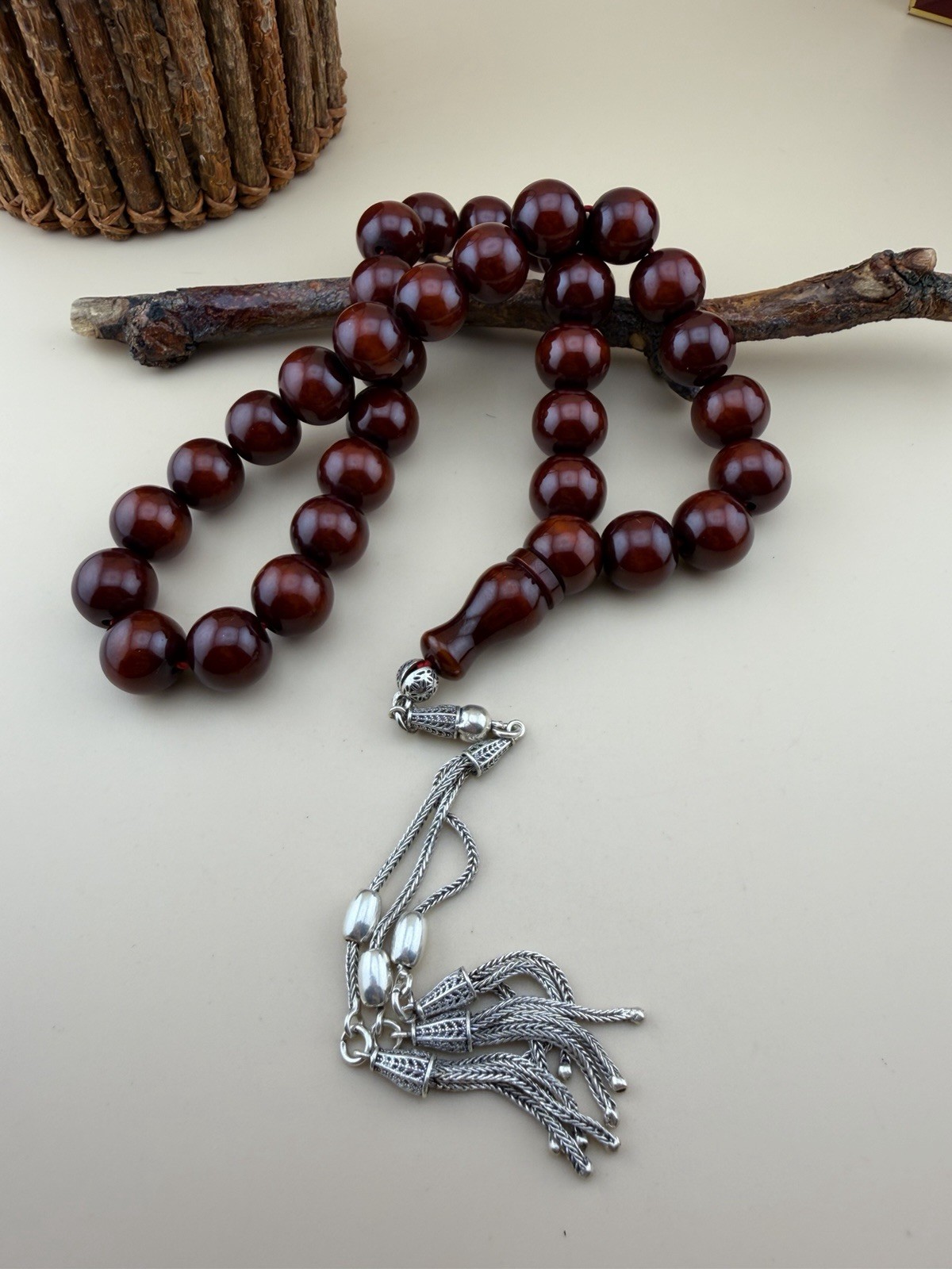 Old Faturan 33Bead Islamic Tasbih S. Silver Tasselمسباح مسبحة فاتوران شرابة فضة