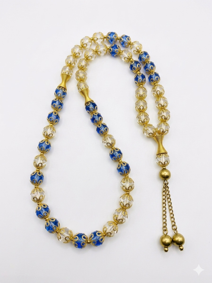 Luxury Islamic Tasbih Misbaha Prayer Beads Blue & Clear Gold Filigree 33 Beads