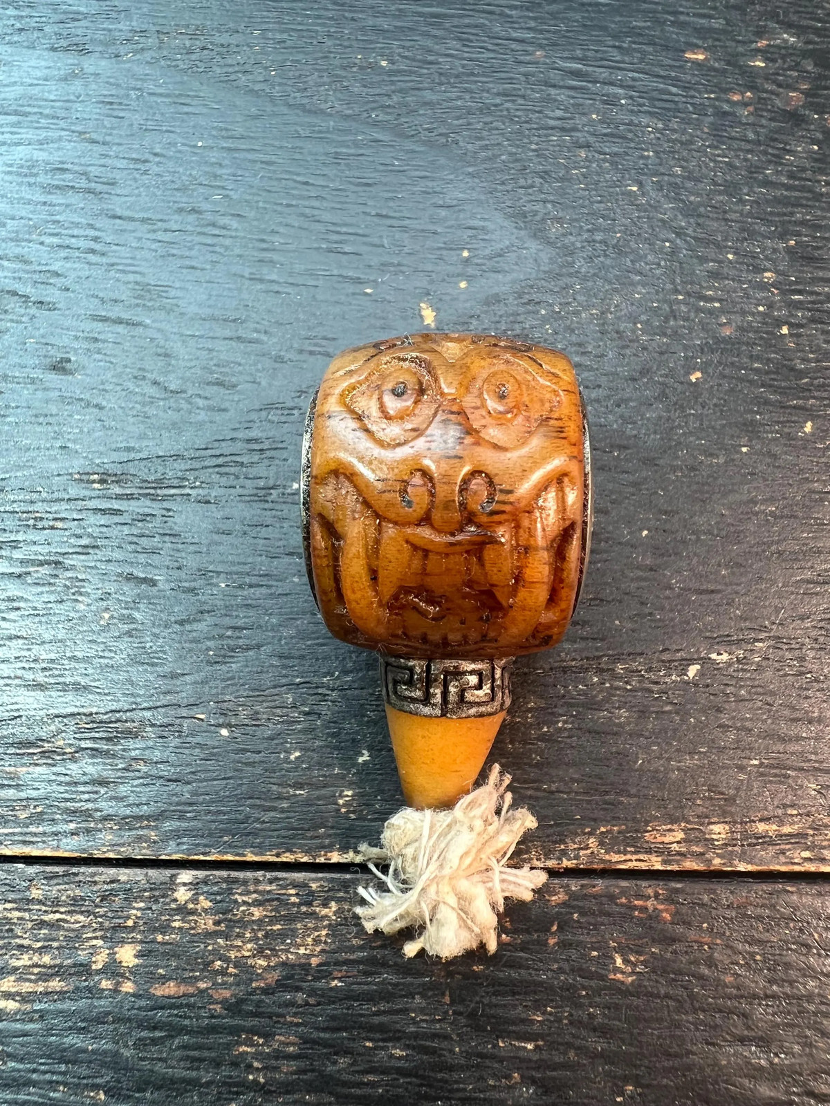Hand-Carved Tibetan Yak Bone Guru Bead with Citipati Protector & (Om) Mantra –