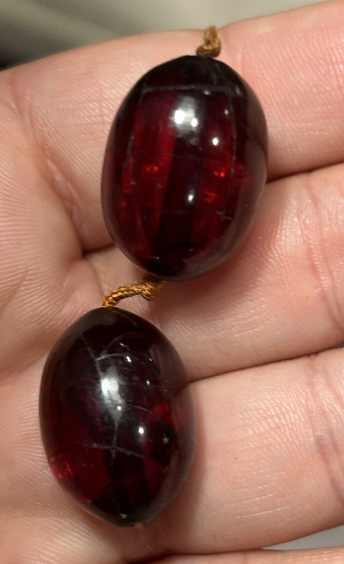 Antique Cherry Amber Bakelite Faturan Barrel Bead Necklace 135 grams Tested