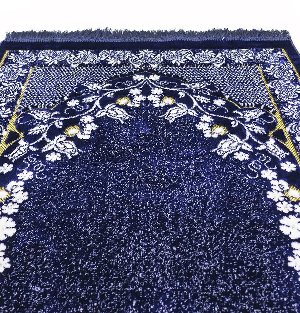 Modefa Turkish Islamic Prayer Rug – Plush Velvet Ipek – Floral Vines – Blue