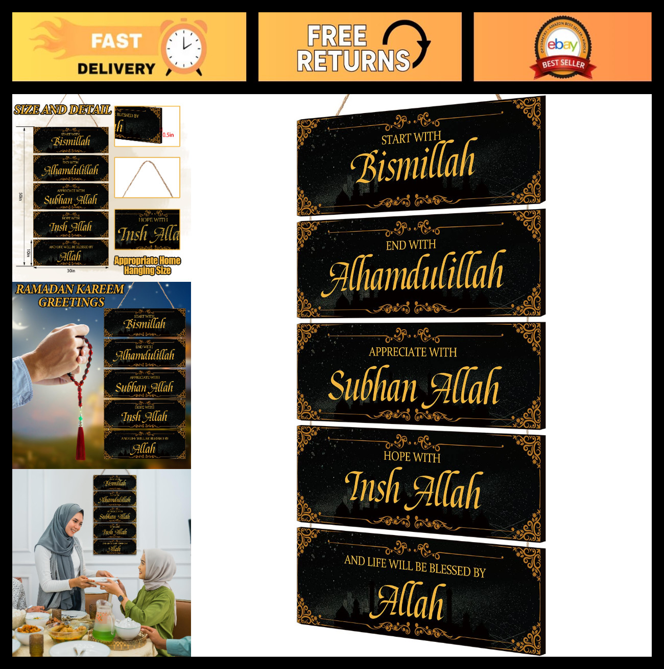 Islamic Wall Art – Black Gold Bismillah Allah Decor for Eid & Ramadan Home Decor