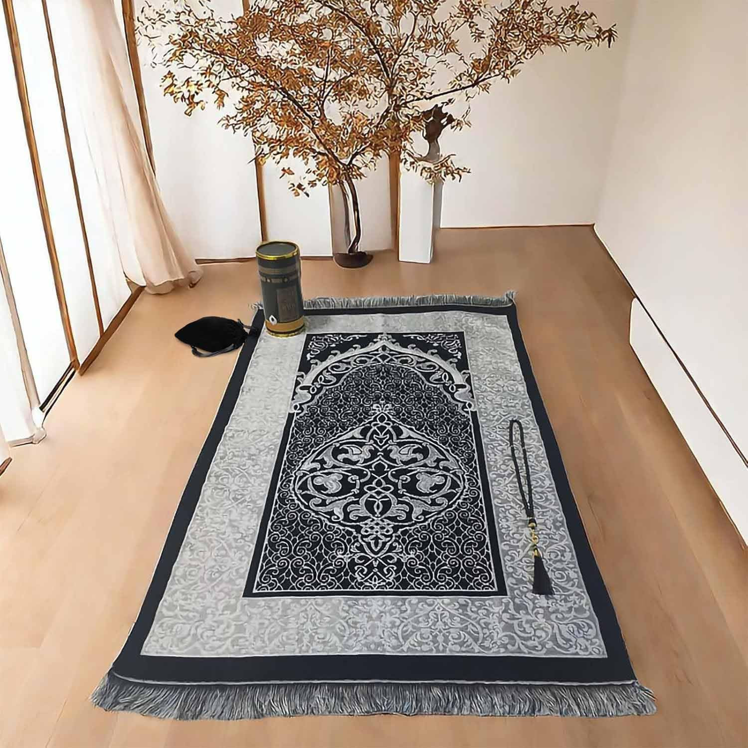 Muslim Prayer Rug and Prayer Beads with Gift Box, Soft Islamic Prayer Mat, Islam