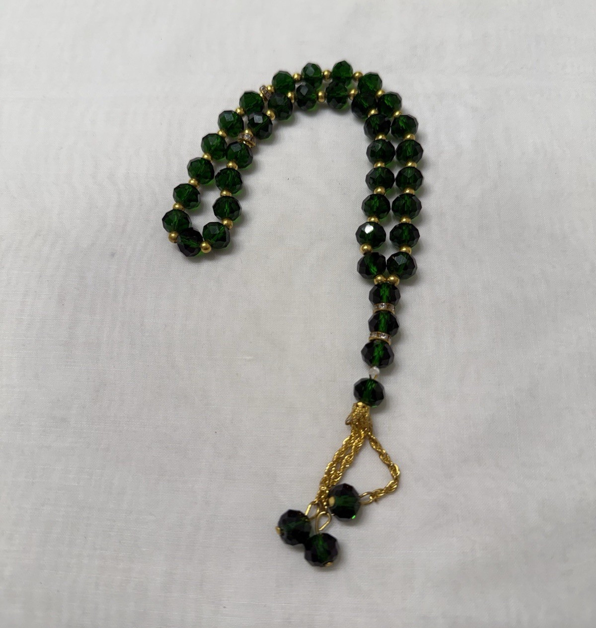 Islamic Misbaha Prayer Beads Green Faceted Tasbih Gold-Tone Tassel