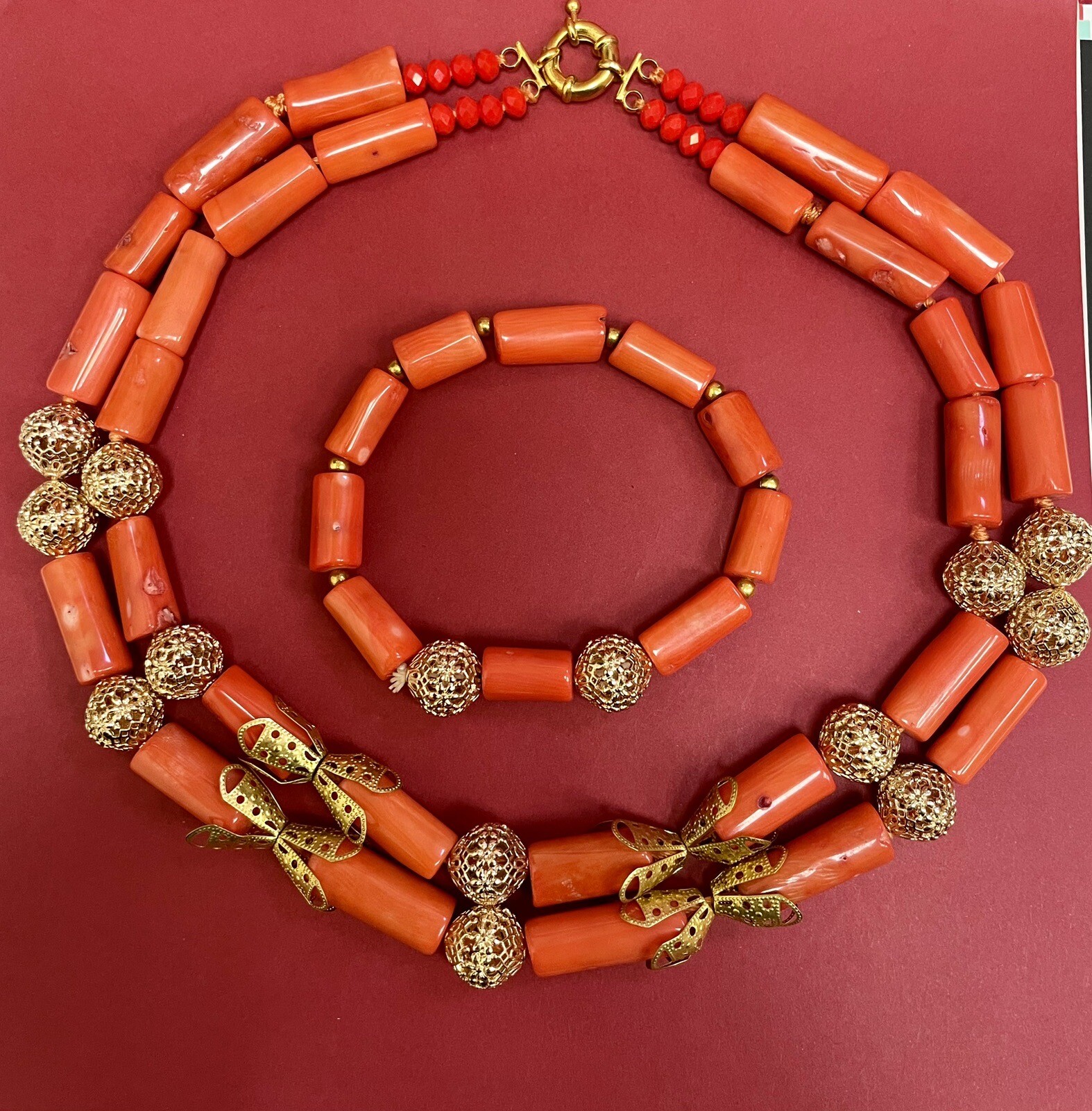 Antique mediterranean natural Red Salmon coral necklace, Bracelet 195 Grams R