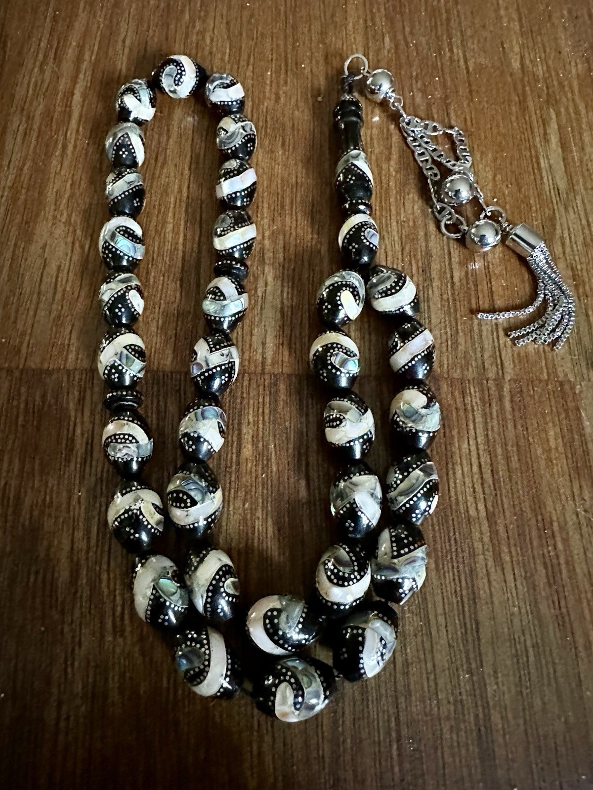 A Stunning Old Yusur-Black Coral Islamic Prayer Beads-Silver & Shell Inlaid