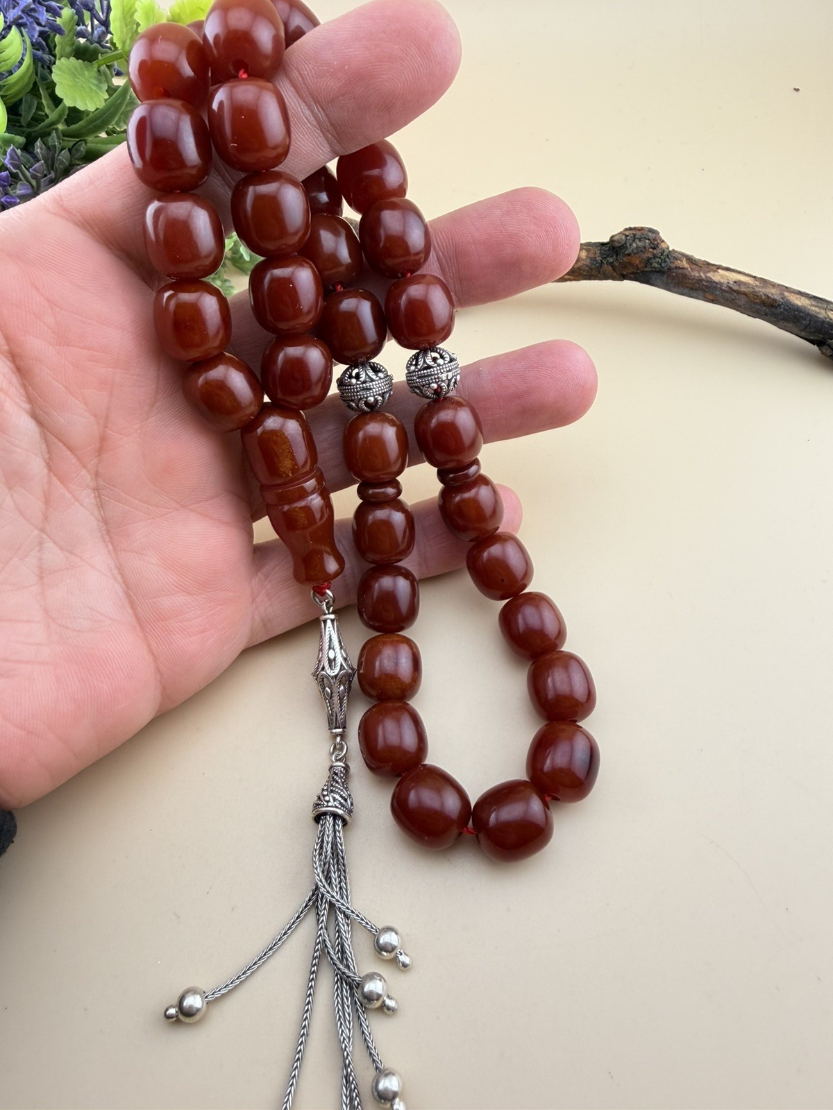 مسباح مسبحة مسكي احمر شرابة فضة VTG RED MISKY ISLAMIC ROSARY 33-bead N778