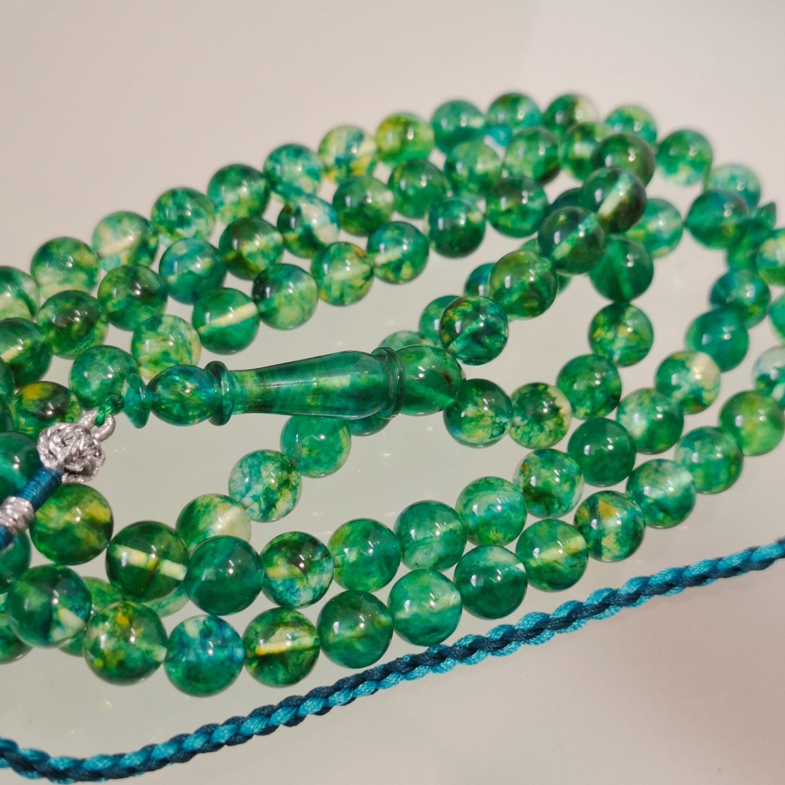 Amber Rosary – 99 sphere Beads, 8.7 mm, Green Amber Rosary 38gram Pressed amber
