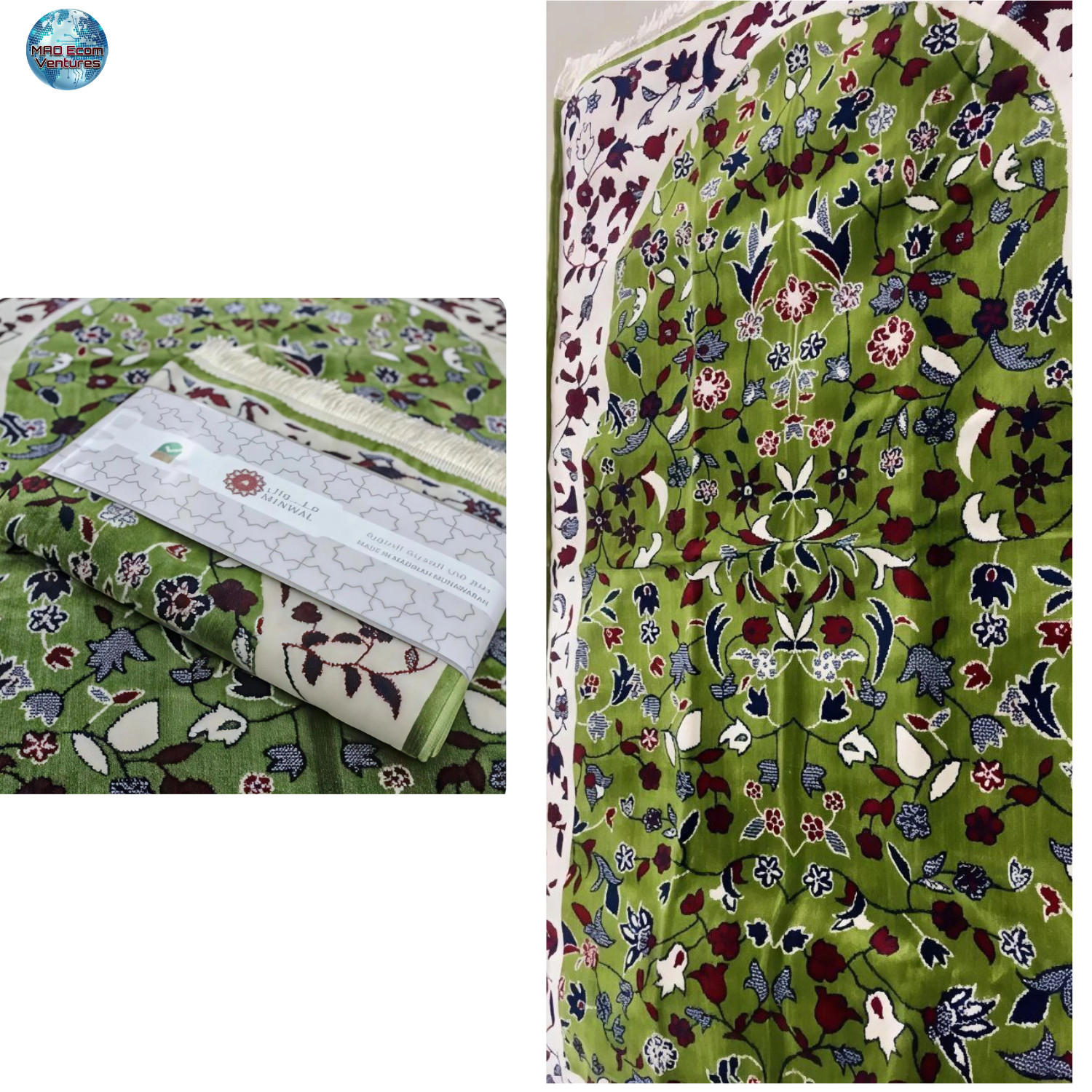 Authentic Al Rawdah Prayer Mat Sejadah Madinah Velvet Islamic Janamaz Green Bag