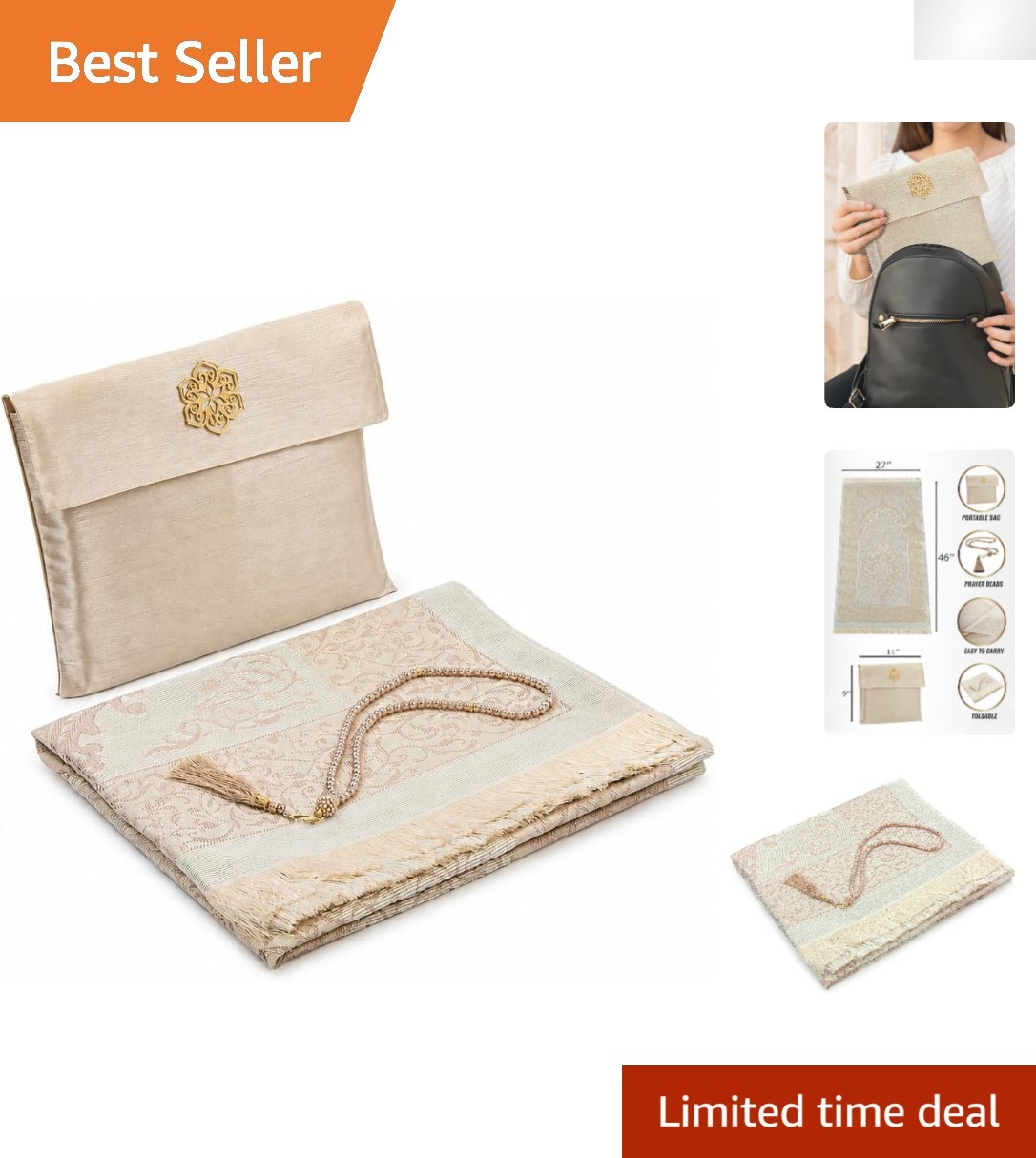 Lightweight Gold Muslim Prayer Rug with Matching Viridian Tasbih – Ideal Gift