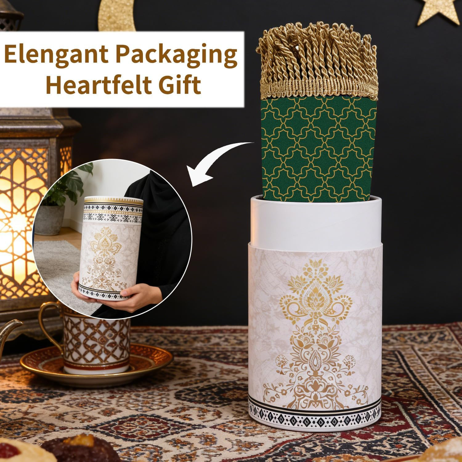 Prayer Mat Ramadan Gifts – Green Prayer Rug Islamic Praying Tasbih Beads Compass