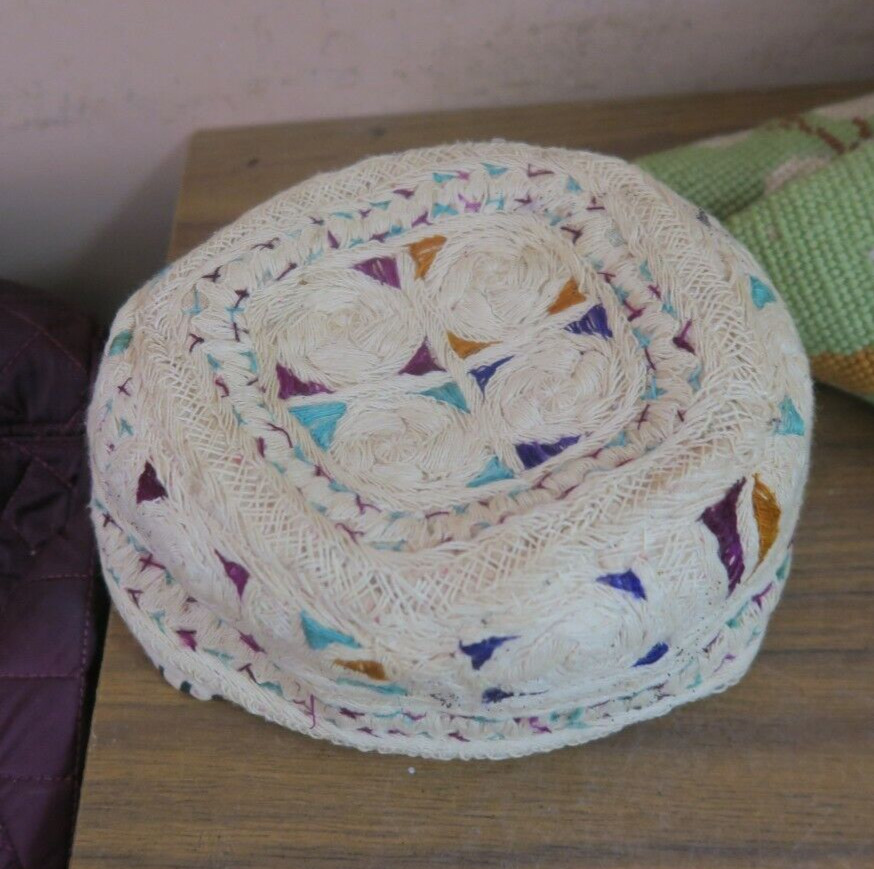 Vintage Islamic Prayer Cap Kufi Hat Embroidered Handmade 5″ – 3″ High