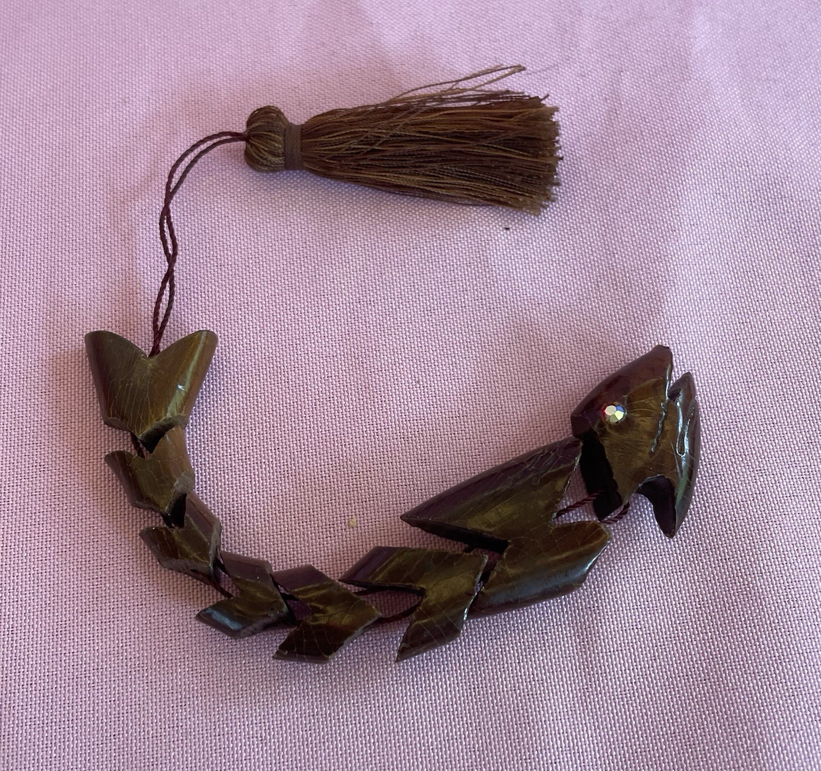 Vintage Wood Carved Fish w/ Glass Eyes Greek Worry Mediation Beads w/Tassle