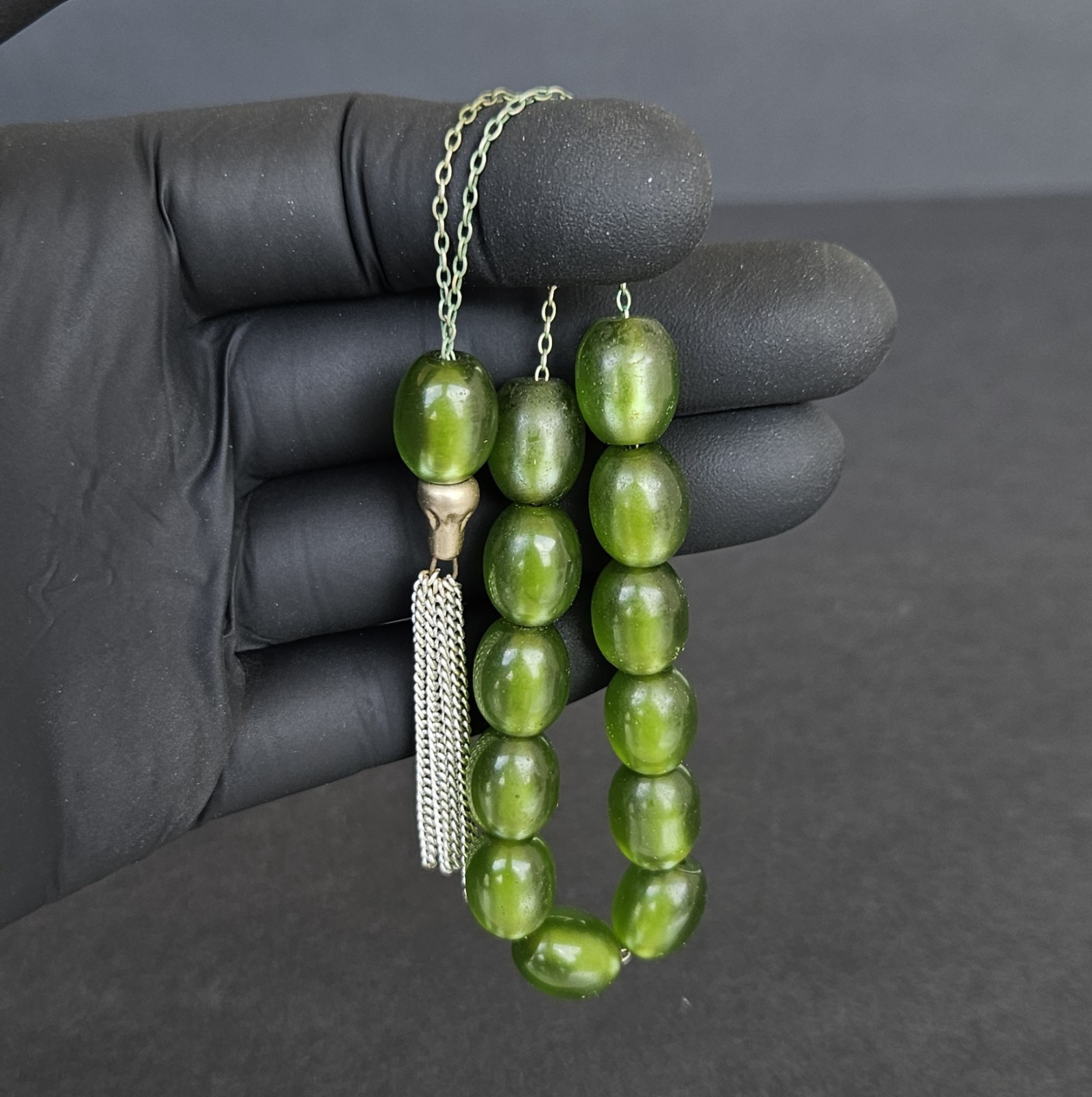 Vintage Green Lusite Tasbih Misbaha Prayer Beads w Tassel Middle East