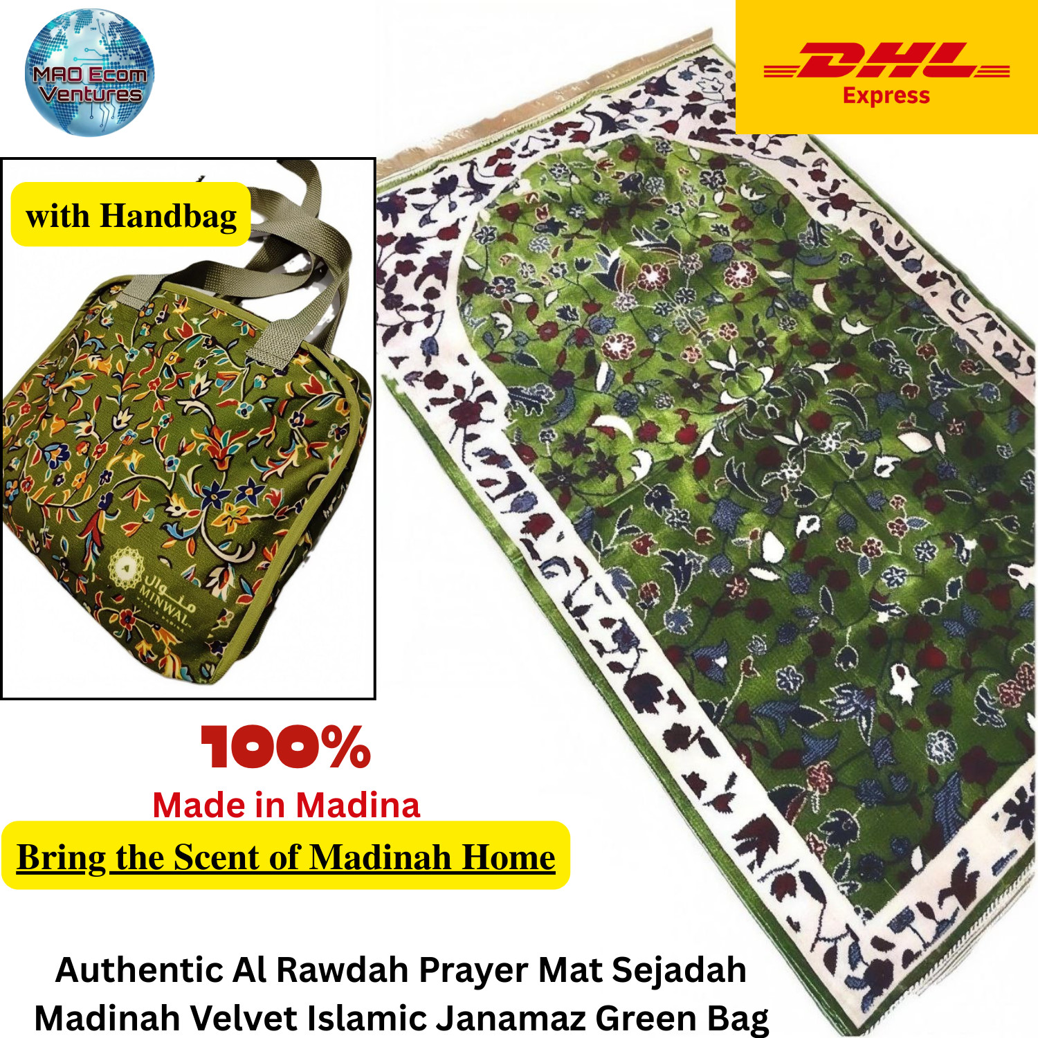Authentic Al Rawdah Prayer Mat Sejadah Madinah Velvet Islamic Janamaz Green Bag