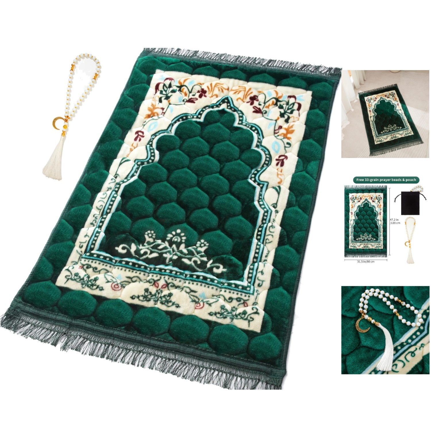 Comfortable Foldable Islamic Prayer Rug with Beads – Large Size 31.5″ x 47.2″