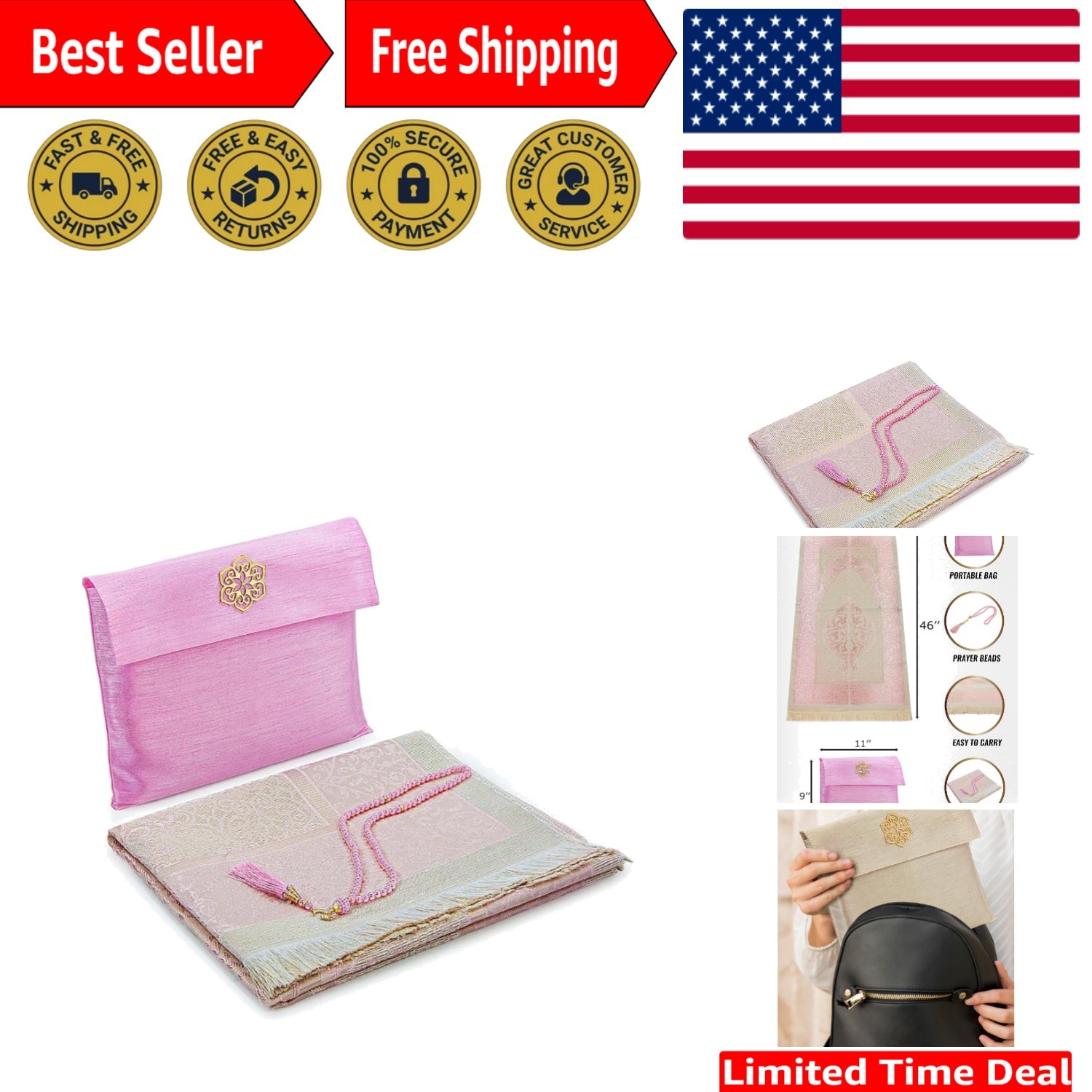Elegant Pink Muslim Prayer Rug with Tasbih & Travel Bag – Lightweight & Portable