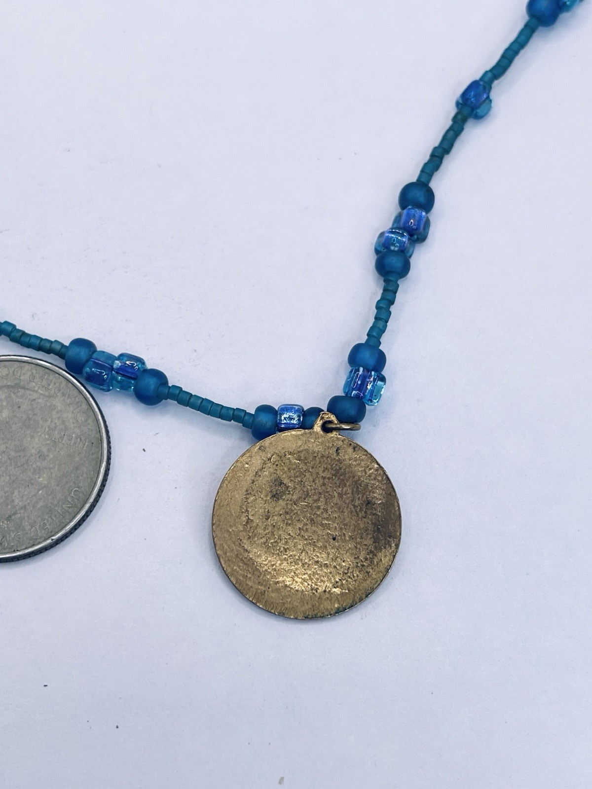 Handmade Arabic Calligraphy Enamel Pendant Necklace Blue Beads Gold Filled Clasp