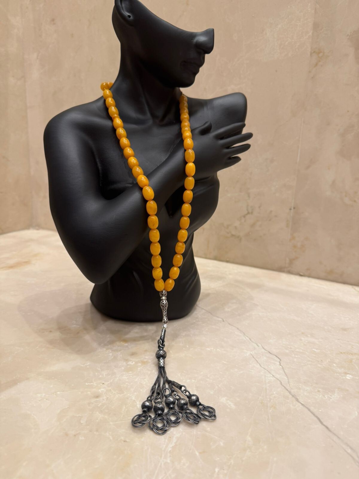 Antique amber Egg Yolk Butterscotch Baltic Islamic Prayer beads silver tassel 45