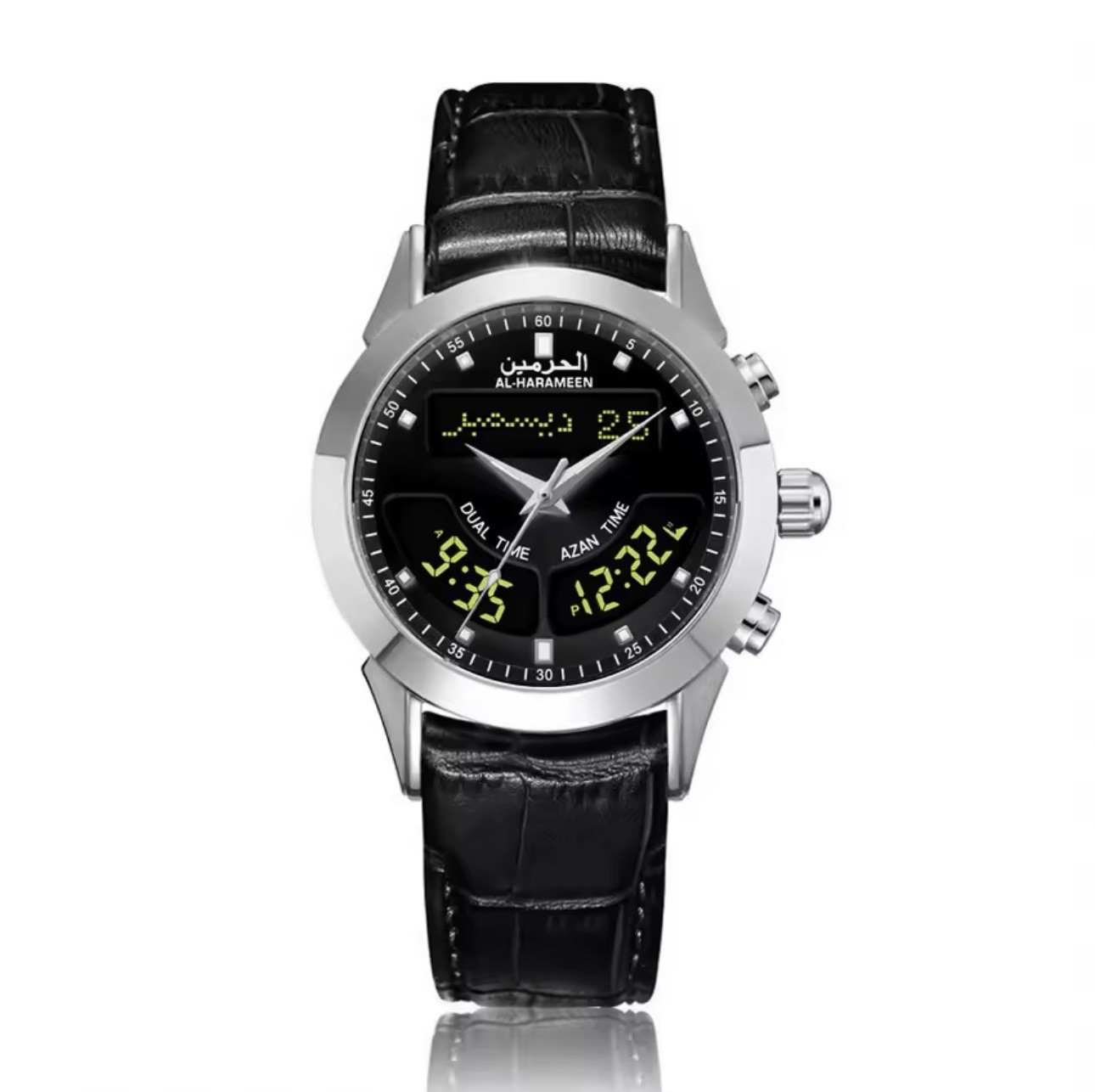 Stylish Azan watch with dual time, Qibla, calendar, and blue leather strap.
