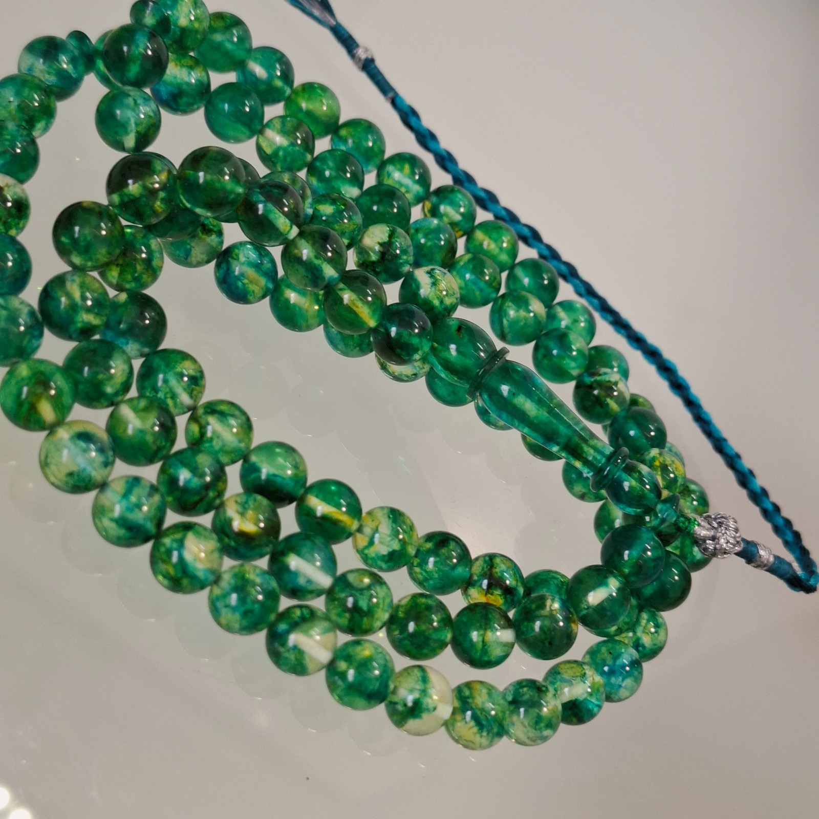 Amber Rosary – 99 sphere Beads, 8.7 mm, Green Amber Rosary 38gram Pressed amber