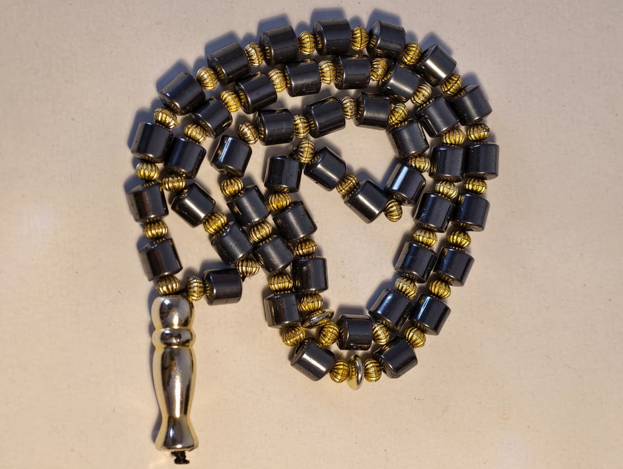 Unique 66-Bead Misbaha with Hematite Style Cylinders, Gold Spacers, Large Tassel