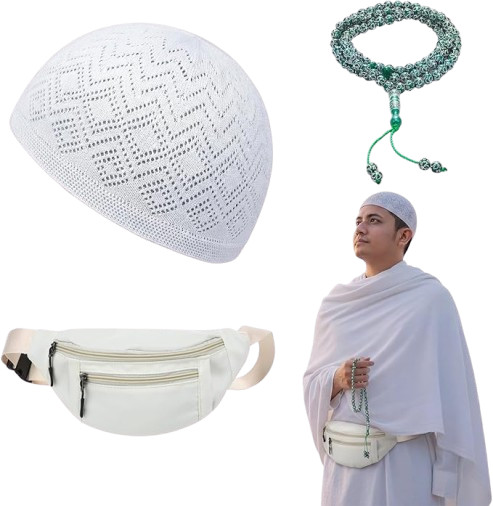 Cuffbow 3 Pcs Ihram Essentials Set for Men’s Hajj and Umrah Haji Waist Belt Kufi