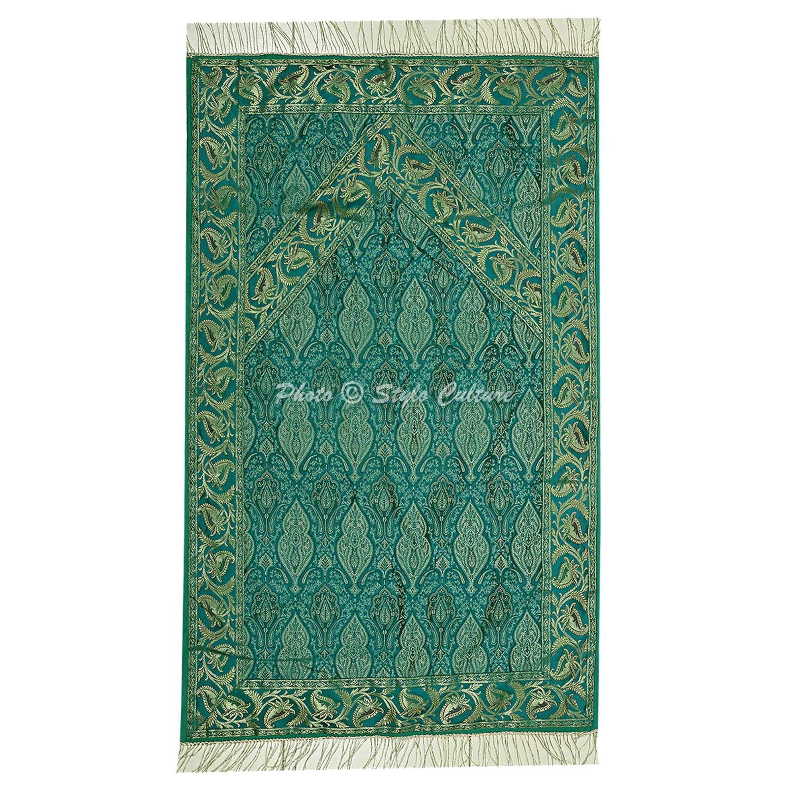 Prayer Mat Janamaz Islamic Green Golden Lace Sajda Rug Eid Brocade Jacquard