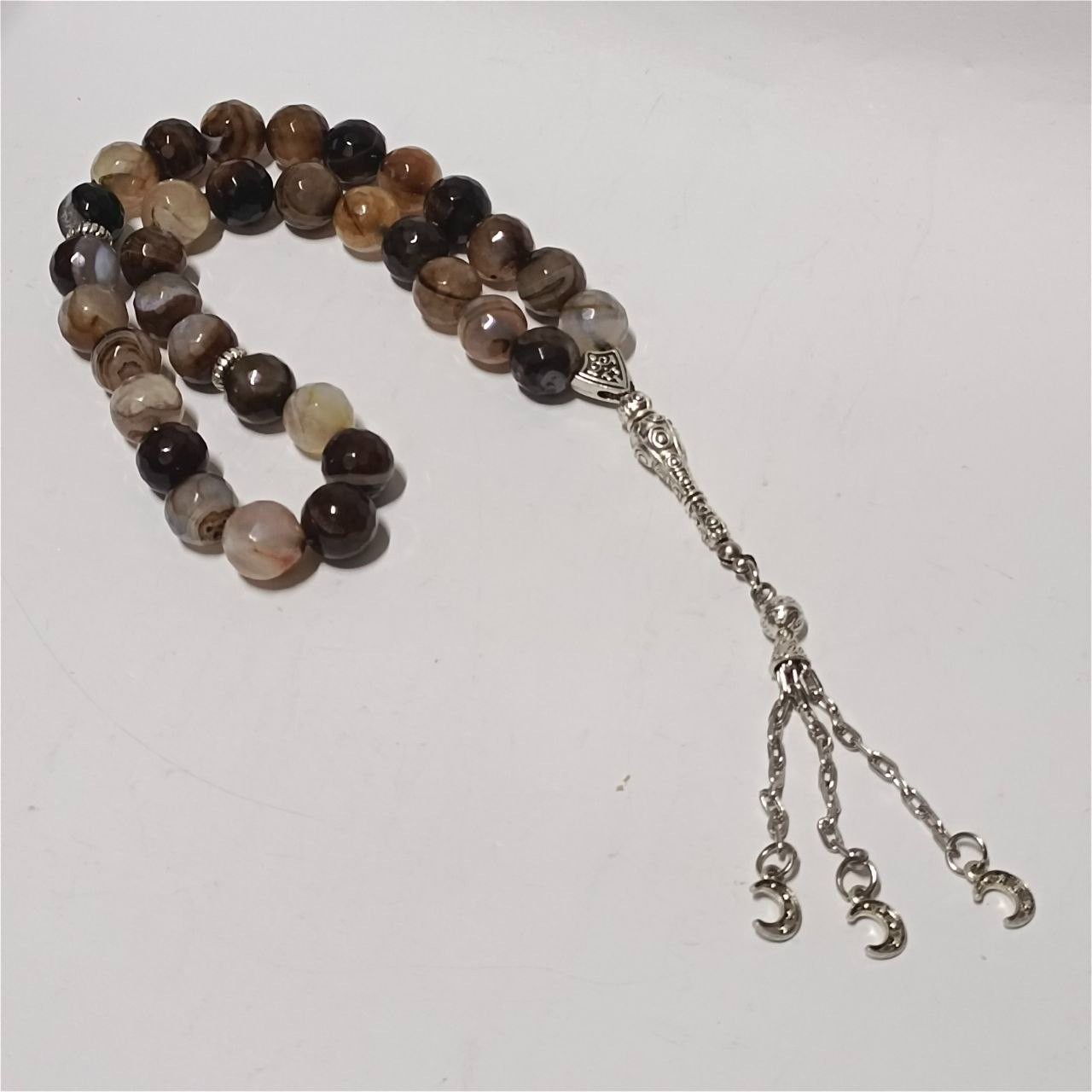 33 Handmade Agate Stone Prayer Beads Tasbih with Silver Crescent Charms Tassel