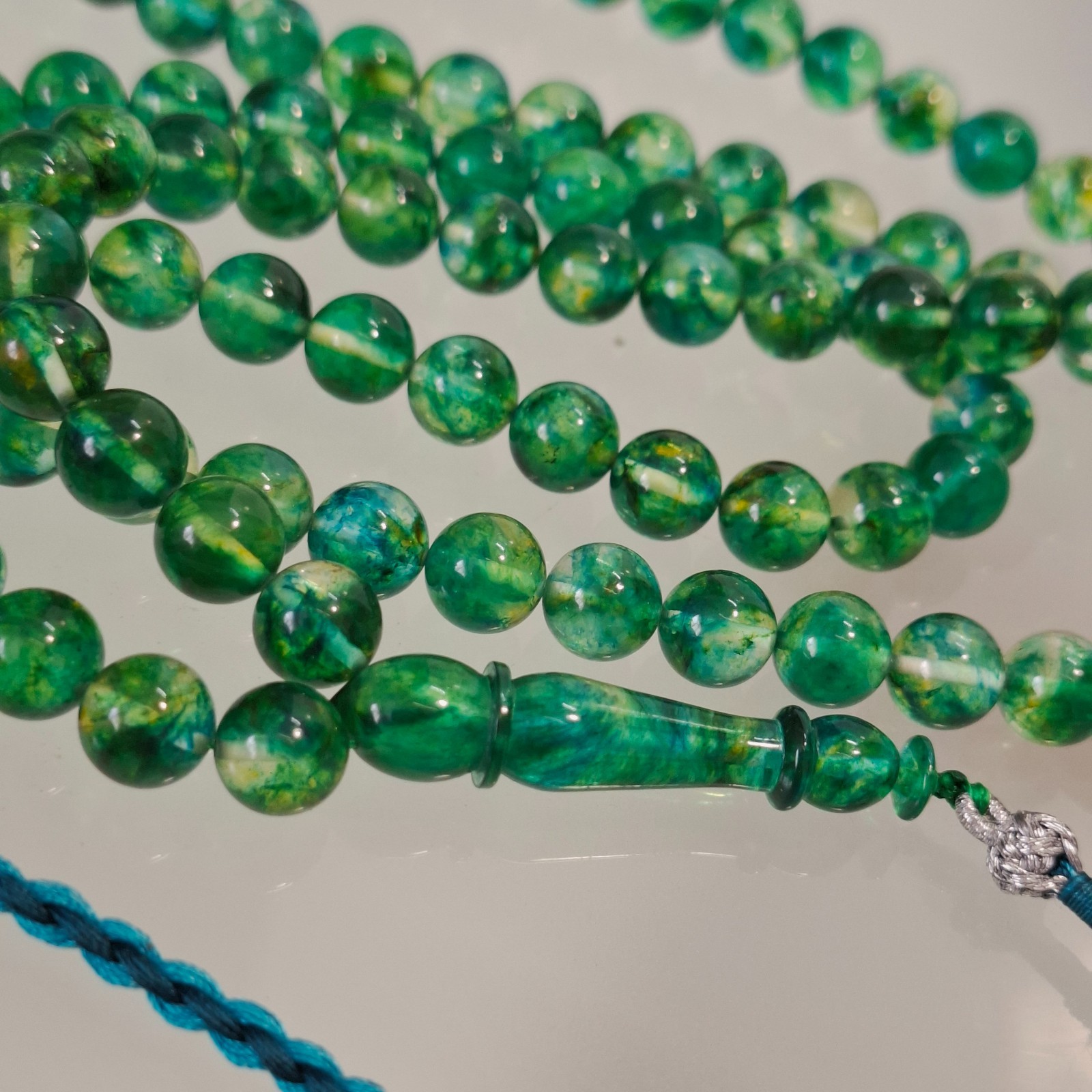 Amber Rosary – 99 sphere Beads, 8.7 mm, Green Amber Rosary 38gram Pressed amber