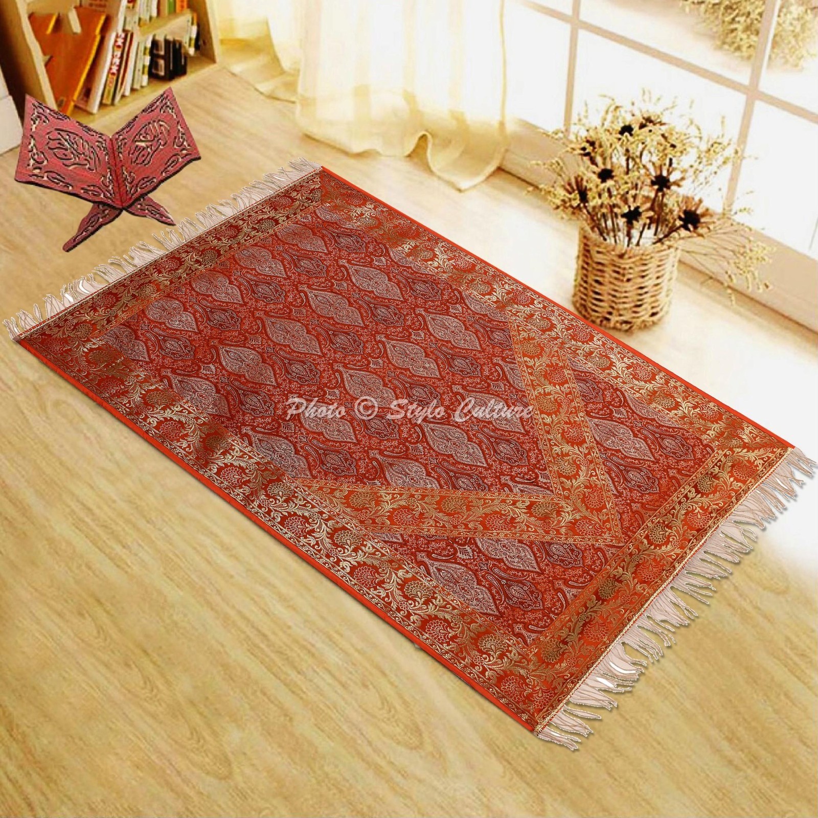 Islamic Janamaz Prayer Mat Ramadan Brocade Jacquard Orange Golden Lace Sajda Rug