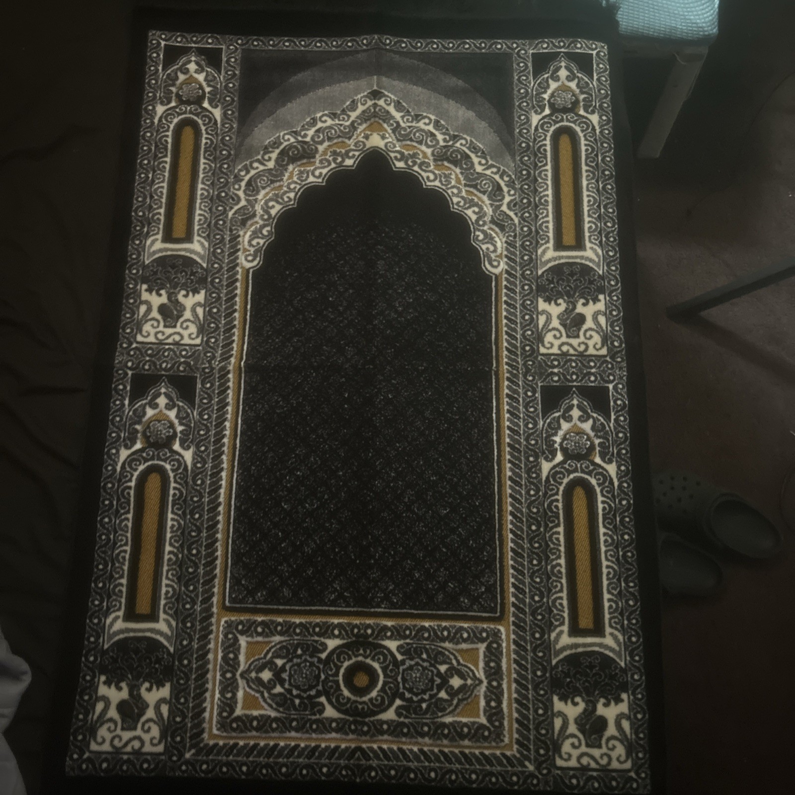 Double Plush Wide Turkish Islamic Prayer Rug Floral Mihrab Janamaz Sejadah Black