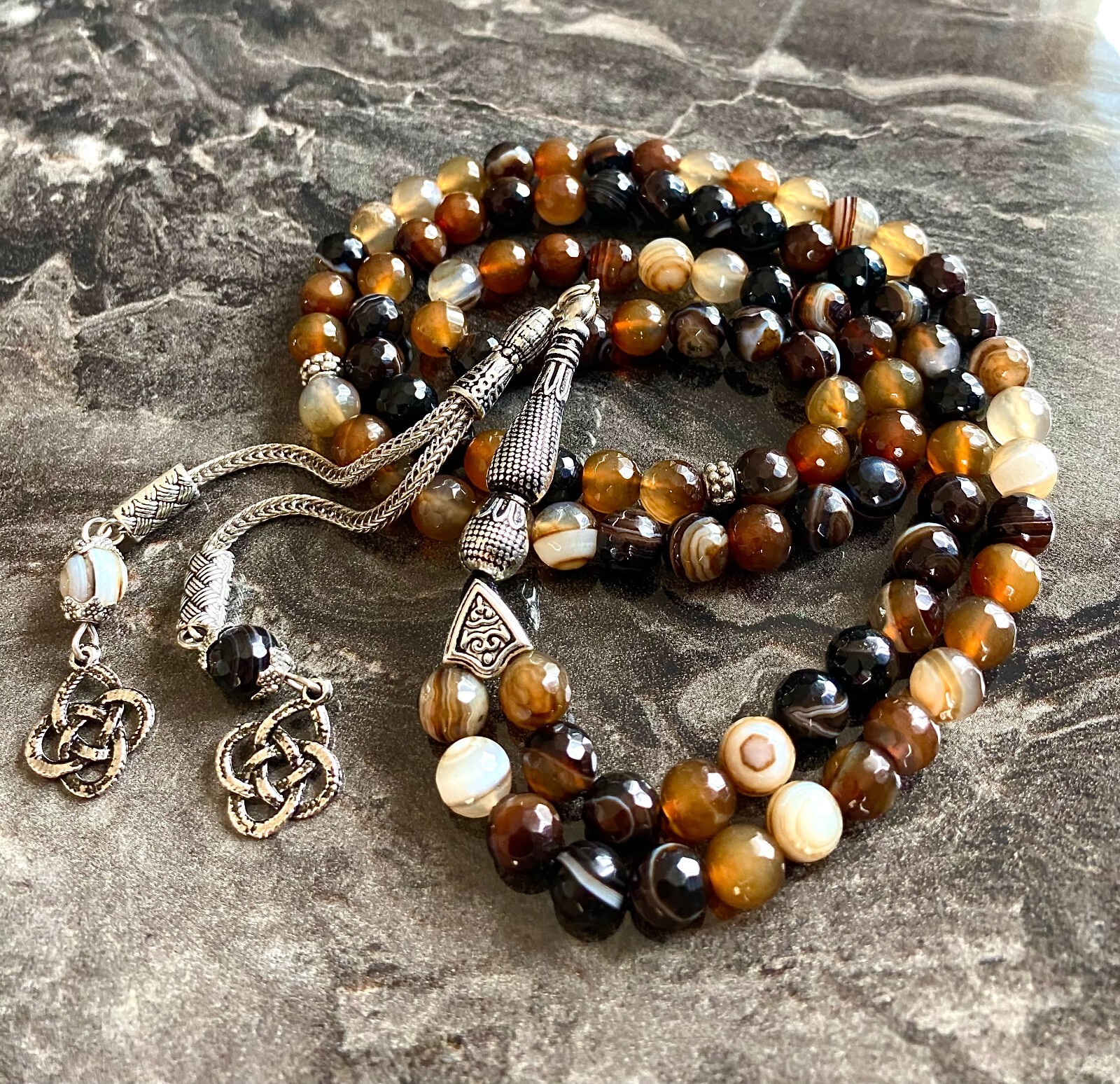 REAL Brown Agate Aqeeq Stone Islamic Prayer 99 beads, Tasbih Misbaha Tasbeeh 8mm
