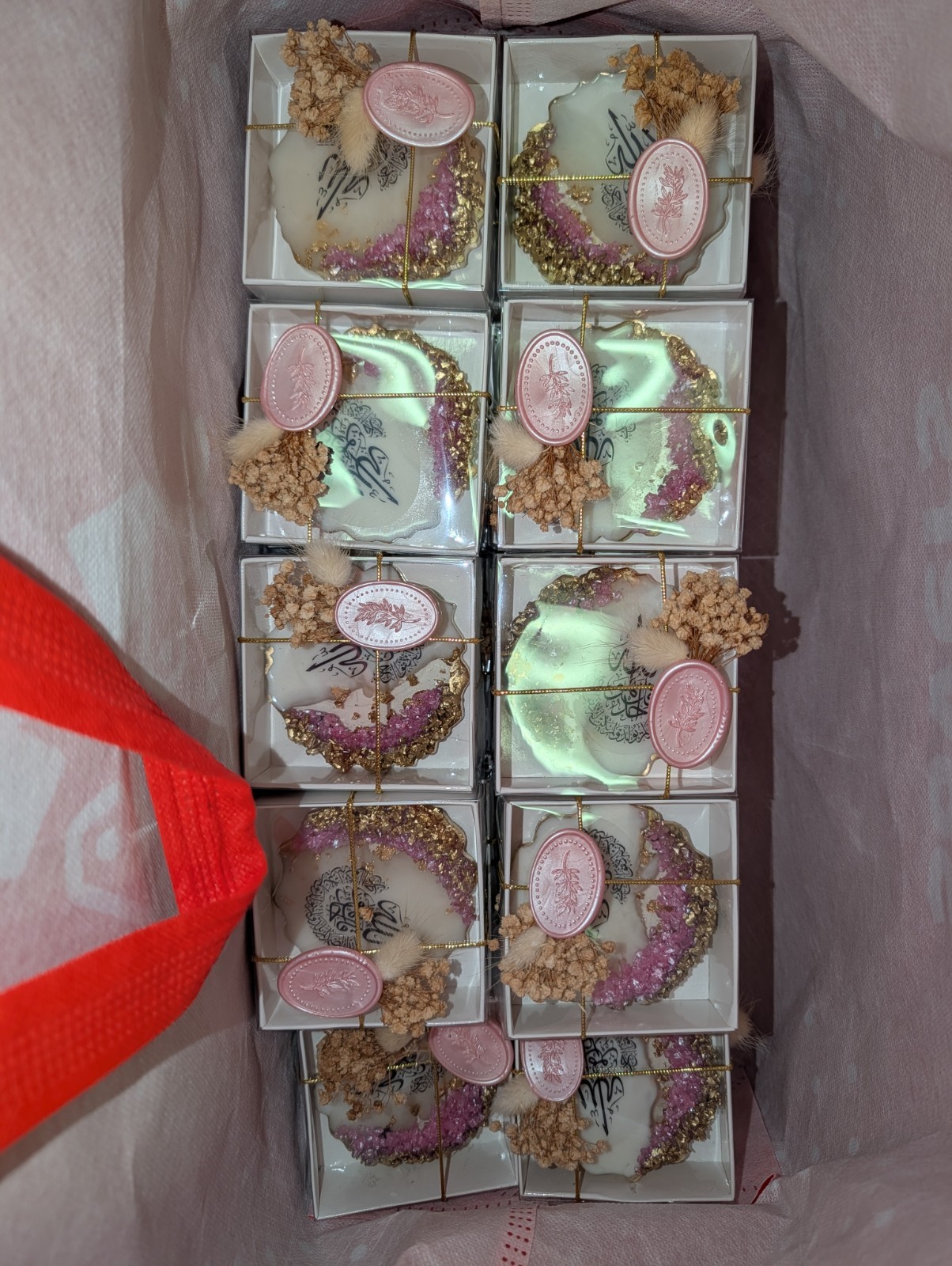 Islamic Decorative Gift Box with Arabic Calligraphy, Pink Gold, Dried Flowers, …