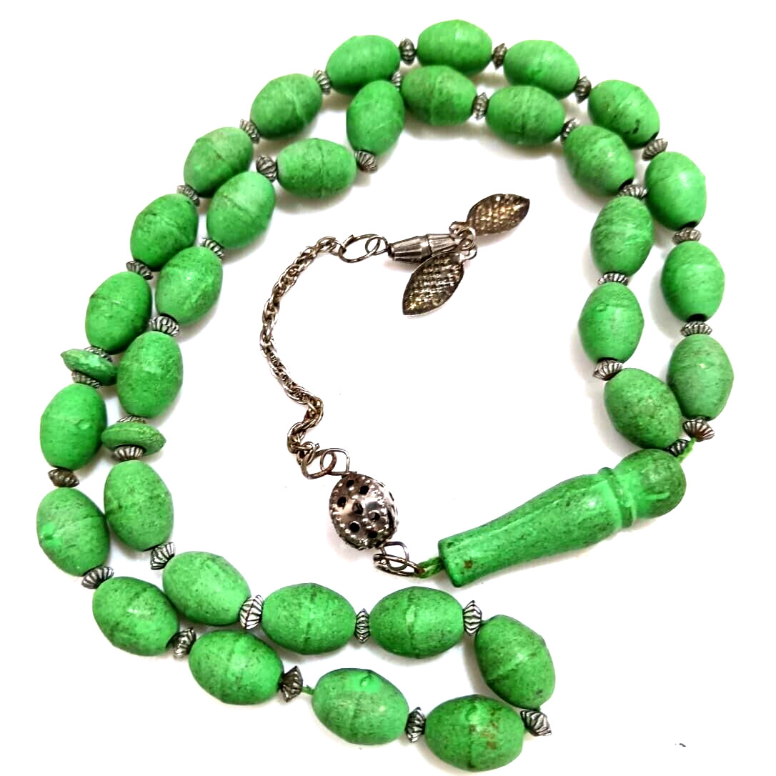 OLD Vintage Rosary Islamic Prayer Wood Green Silver Handmade 33 Beads Tasbih