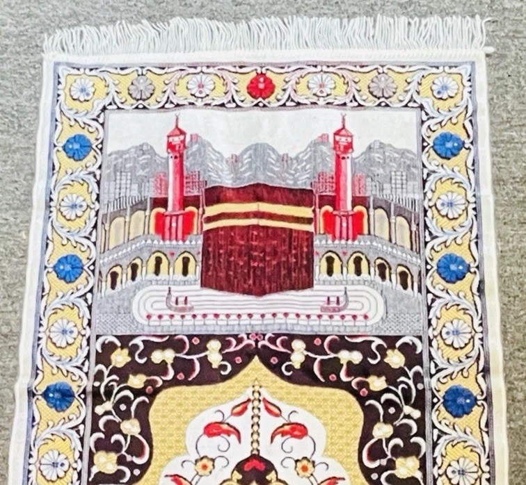Prayer Rug Prayer Mat Fringe Edge, Kaaba Red Gray and Blue, 25″ x 42″
